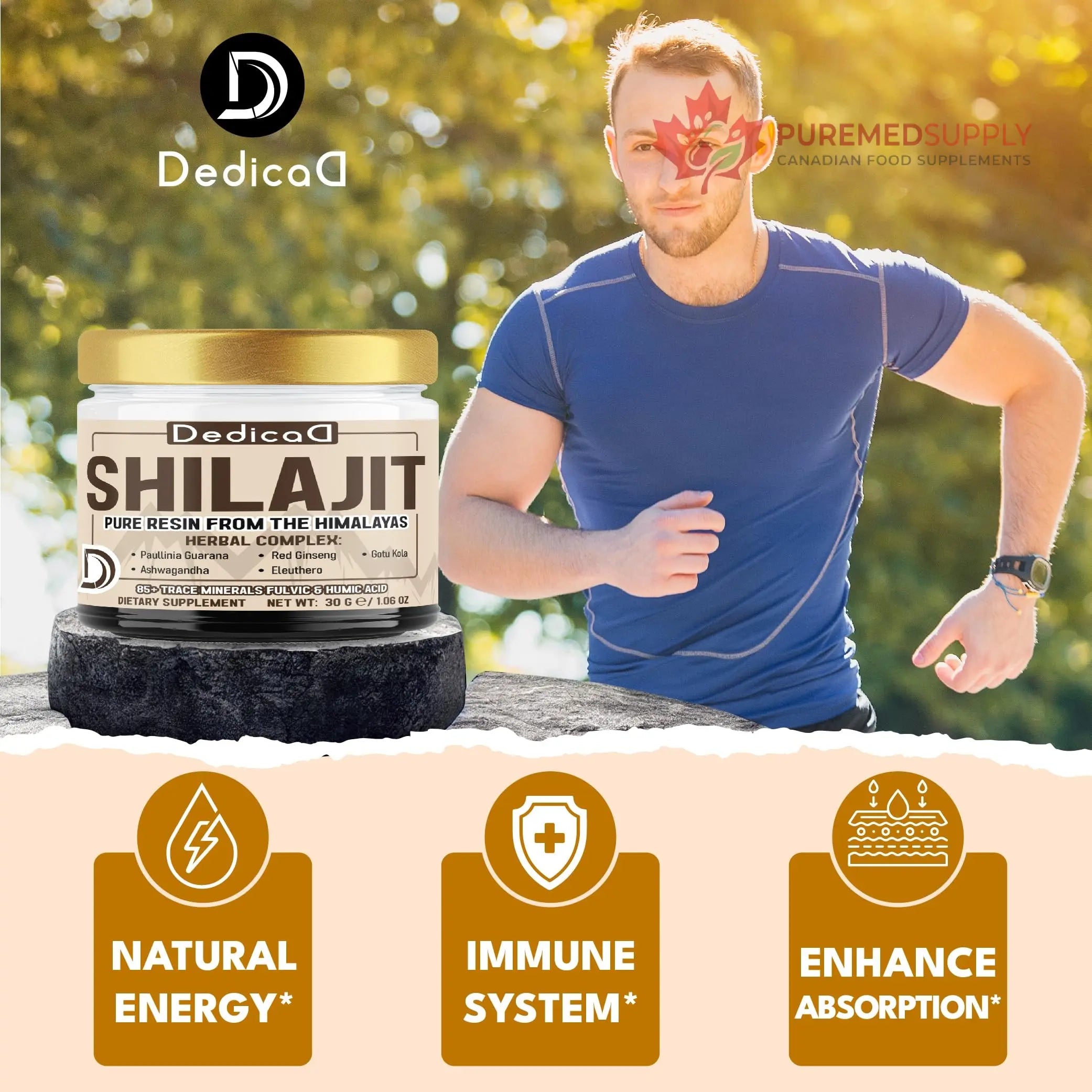 DEDICAD 30g Shilajit Resin with Herbal Complex - Paullinia Guarana, Gotu Kola Leaf & More - Shilajit Pure Himalayan Organic for Immune System, Energy Production, Brain Health & Stamina DEDICAD buy supplements canada