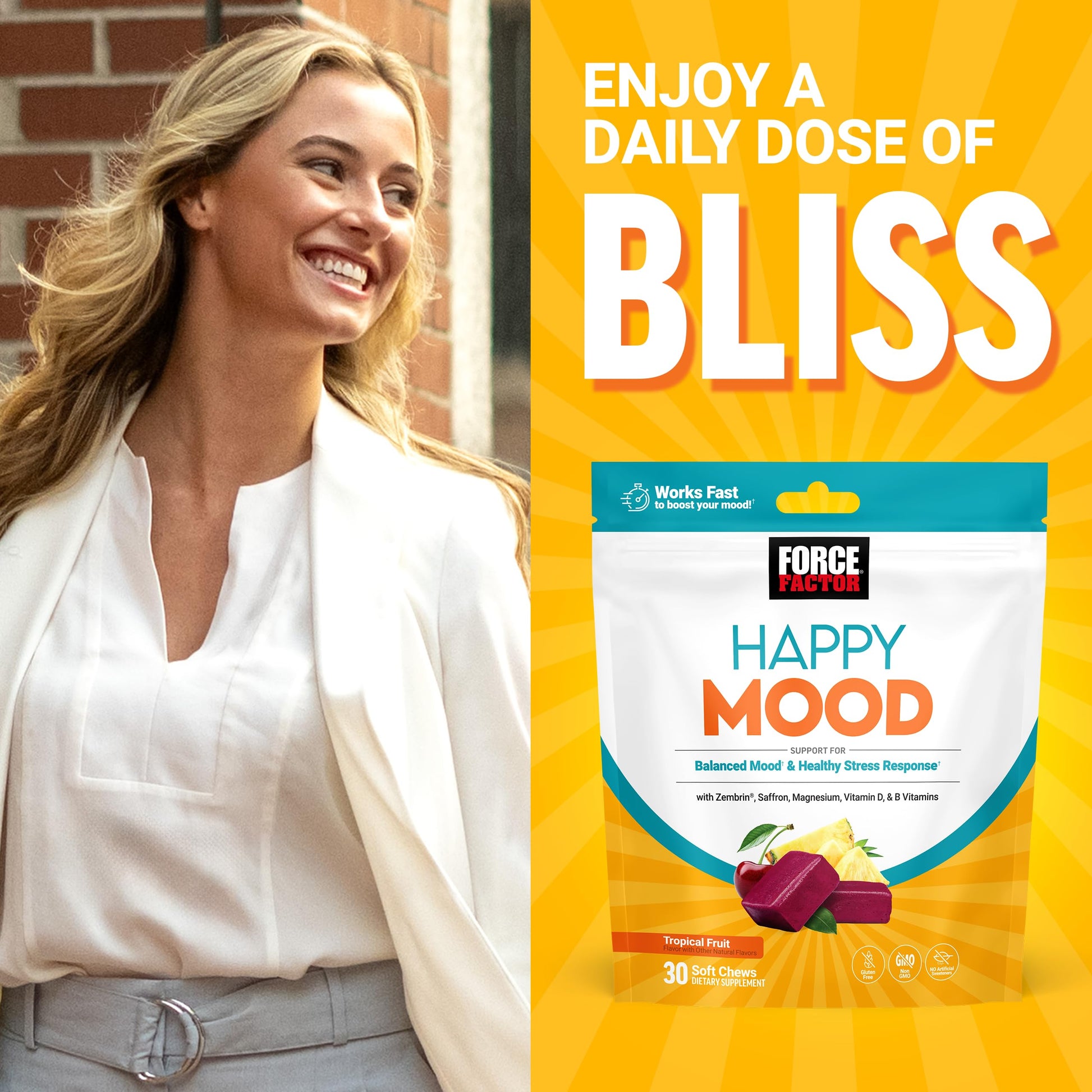 FORCE FACTOR Happy Mood, Mood Support and Mood Balance Supplement to Support Happiness, Positivity, and Stress, Made with Magnesium, Saffron, Zembrin, Non-GMO, Tropical Fruit Flavor, 30 Soft Chews Force Factor buy supplements canada