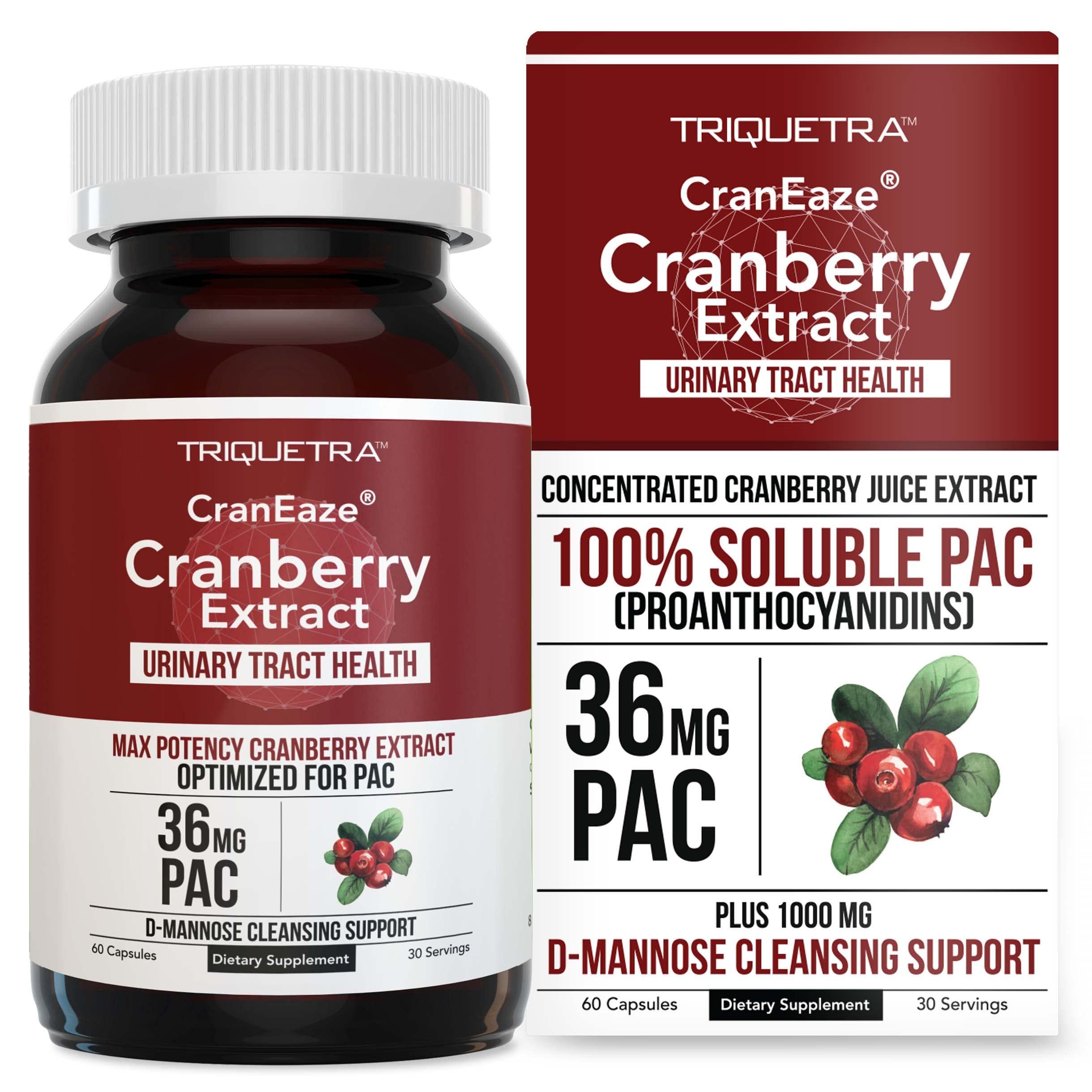CranEaze®: Cranberry Juice Extract Plus D-Mannose – 36 mg PAC, 100% Soluble PAC - Supports Urinary Tract Health – Most Effective Cranberry Pills for Women, Triquetra Health buy supplements canada