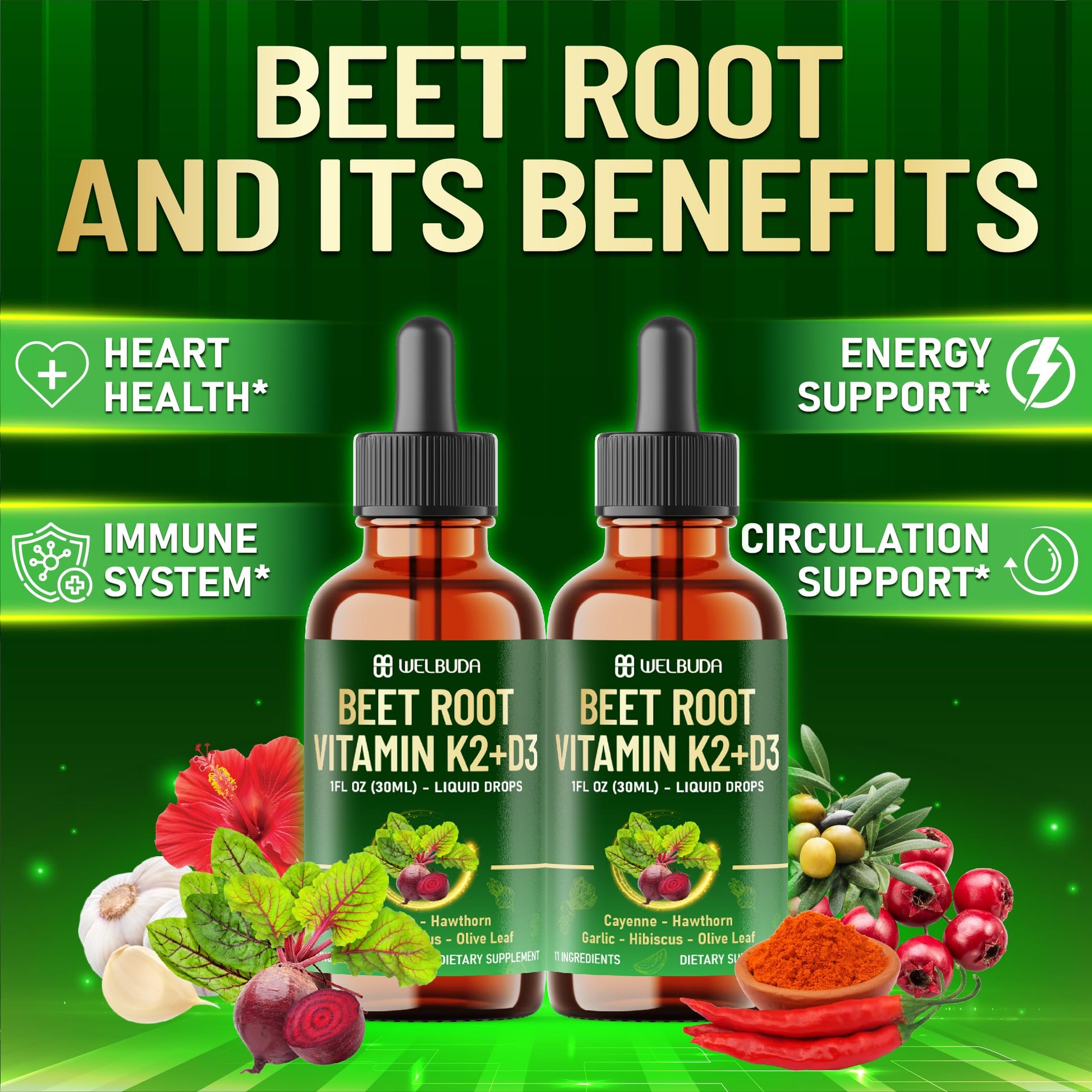 11in1 Beet Root Liquid Supplement - for Support Immune, Energy - with Vitamin D3, Vitamin K2, Hawthorn Berry, Cayenne Pepper, Garlic, Hibiscus, Olive, Red Spinach, Green Tea - 1 FL Oz - 30 Servings WELBUDA buy supplements canada