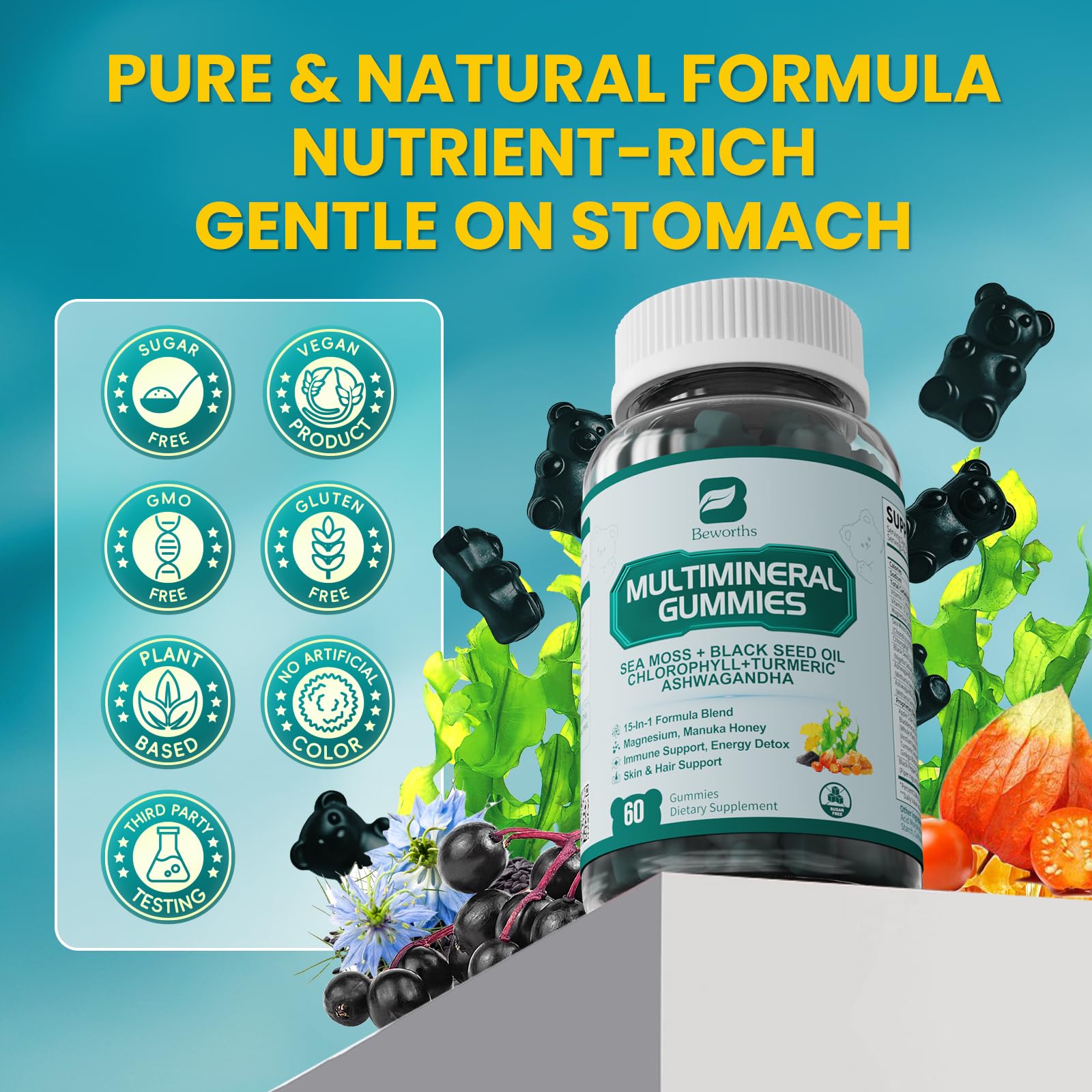Sea Moss Gummies with Ashwagandha & Chlorophyll, Immune, Digestive and Gut Detox Support, Powered by Black Seed Oil, Vitamin C, Vitamin D & Magnesium, GMO, Vegan, Apple Flavor, 60 SeaMoss Gummies B BEWORTHS buy supplements canada