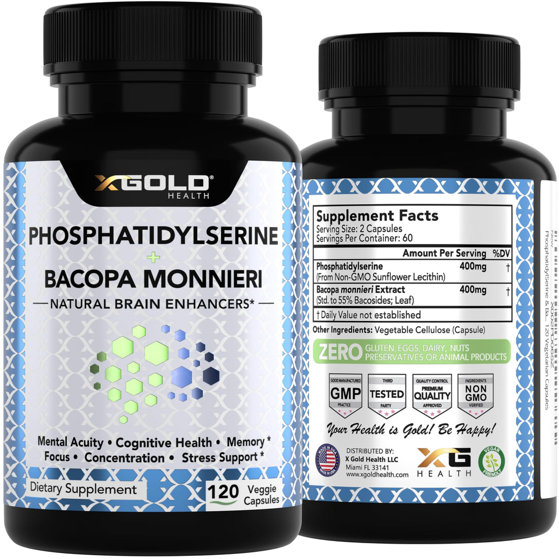 PhosphatidylSerine & Bacopa Monnieri 800 mg 2 in 1 Supplement - Natural Brain Enhancer/Nootropic for Enhanced Focus and Concentration, Memory Support, & Cognitive Function - 120 Vegetarian Capsules X Gold Health buy supplements canada