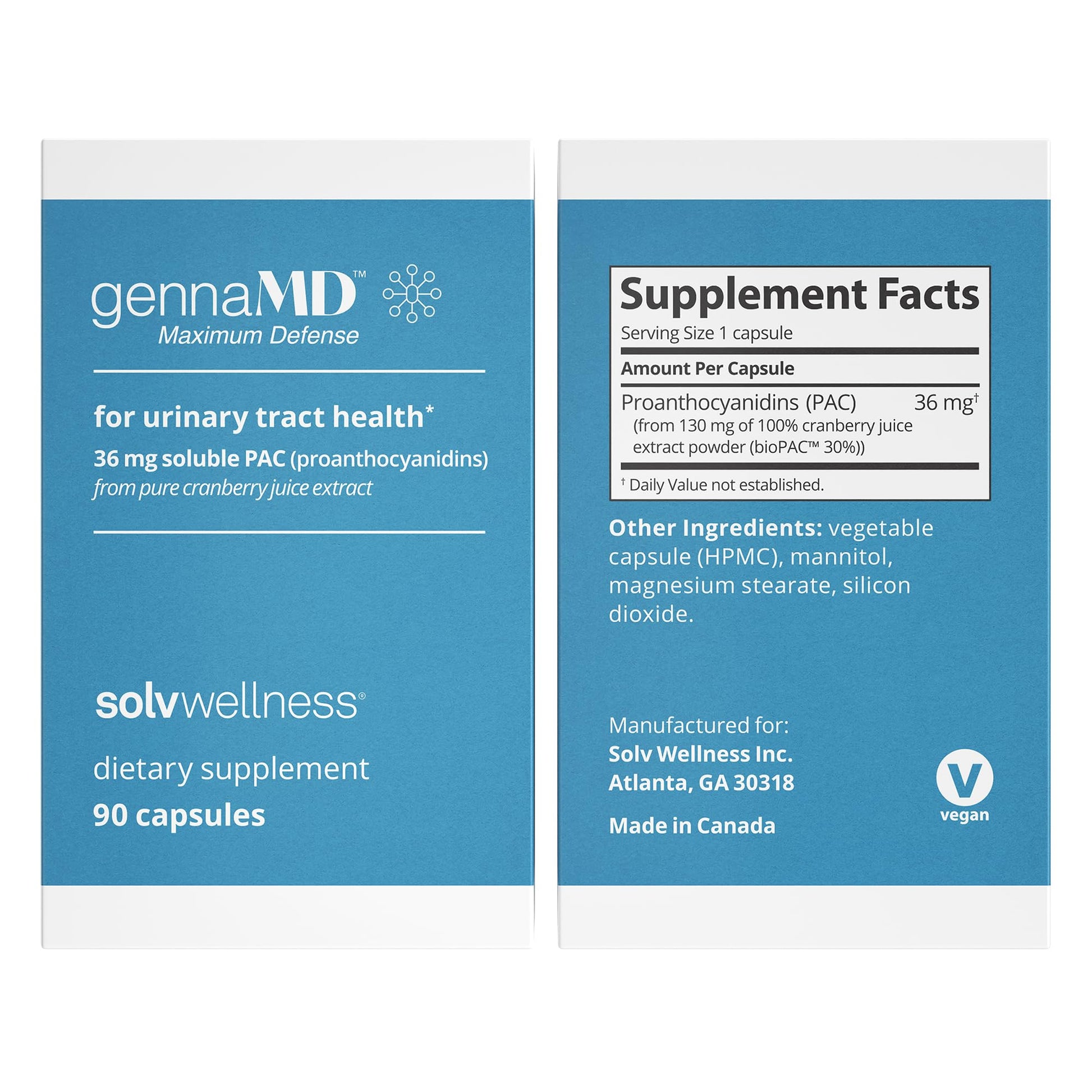Solv Wellness GennaMD - Maximum UTI Defense - 36 mg Soluble PAC from 100% Cranberry Juice Extract - Highest PAC Concentration in a Small, Easy-to-Swallow Capsule - 90 Capsules Solv Wellness buy supplements canada