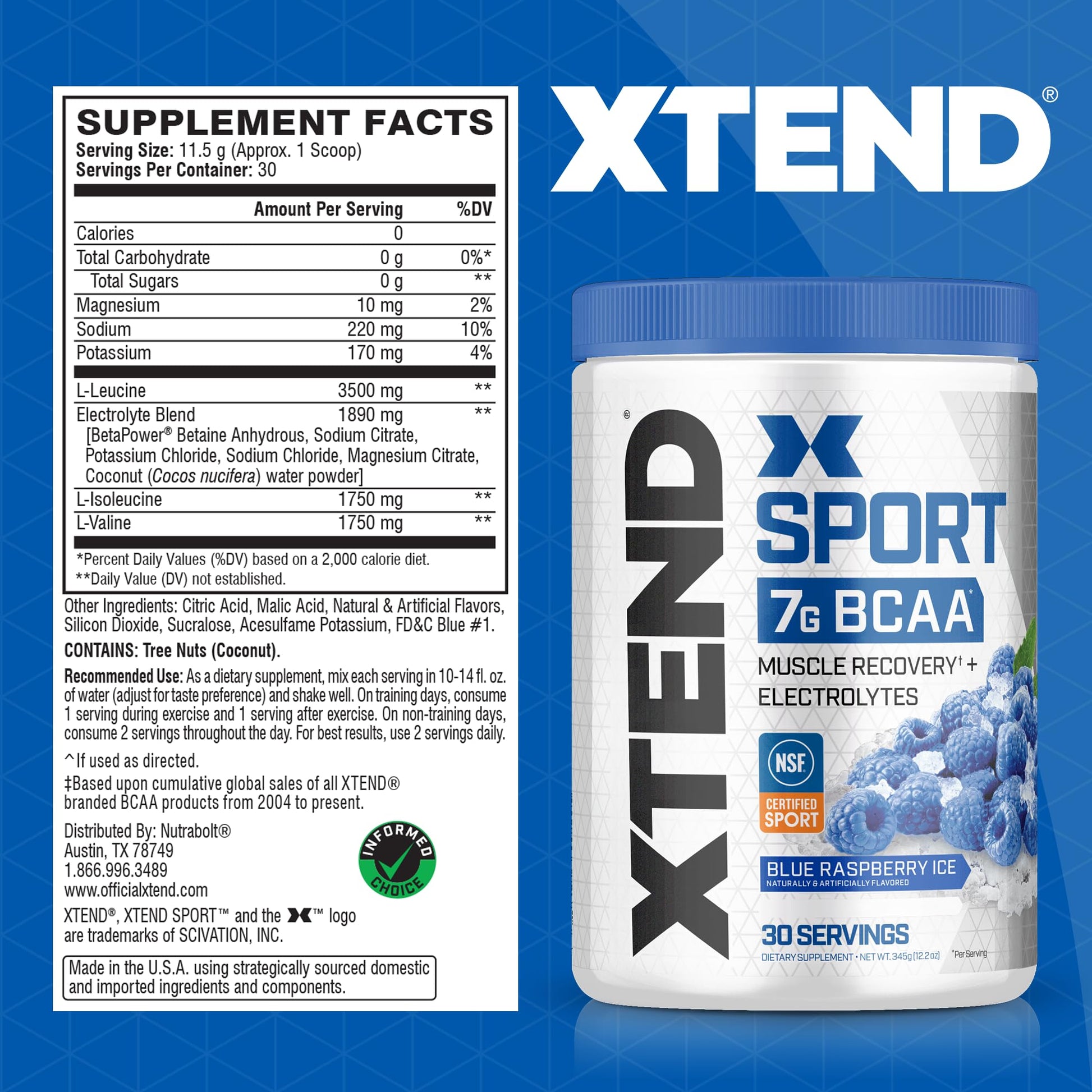 XTEND Sport BCAA Powder Blue Raspberry Ice - Electrolyte Powder for Recovery & Hydration with Amino Acids - 30 Servings Scivation buy supplements canada