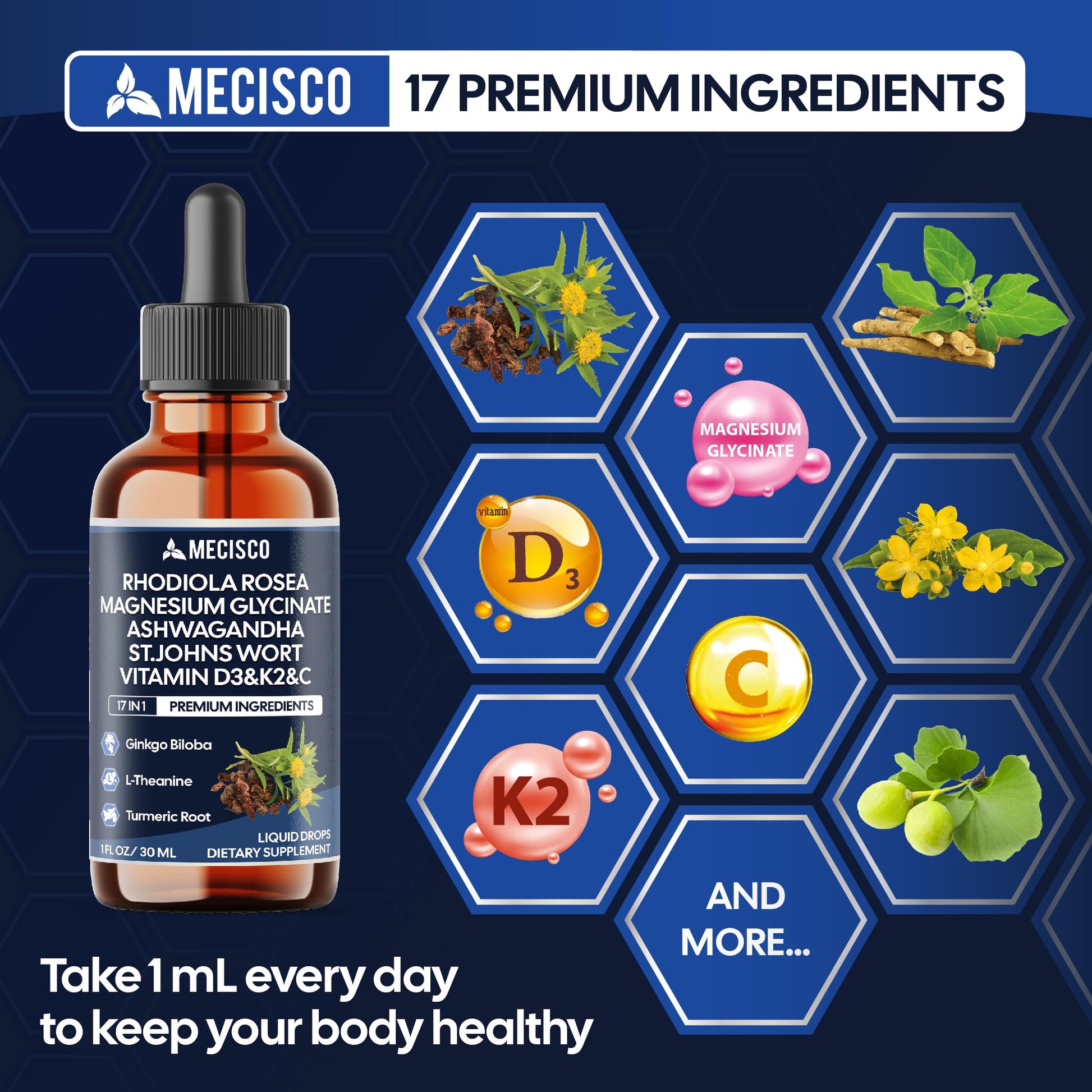 17in1 Rhodiola Rosea Liquid Drops with blend Ashwagandha Magnesium, L-Theanine. Ultra Strength Rhodiola Cortisol Supplement, Rhodiola Root for Support Relaxation, Mood, Energy - 1 FL Oz - 60 Day Mecisco buy supplements canada