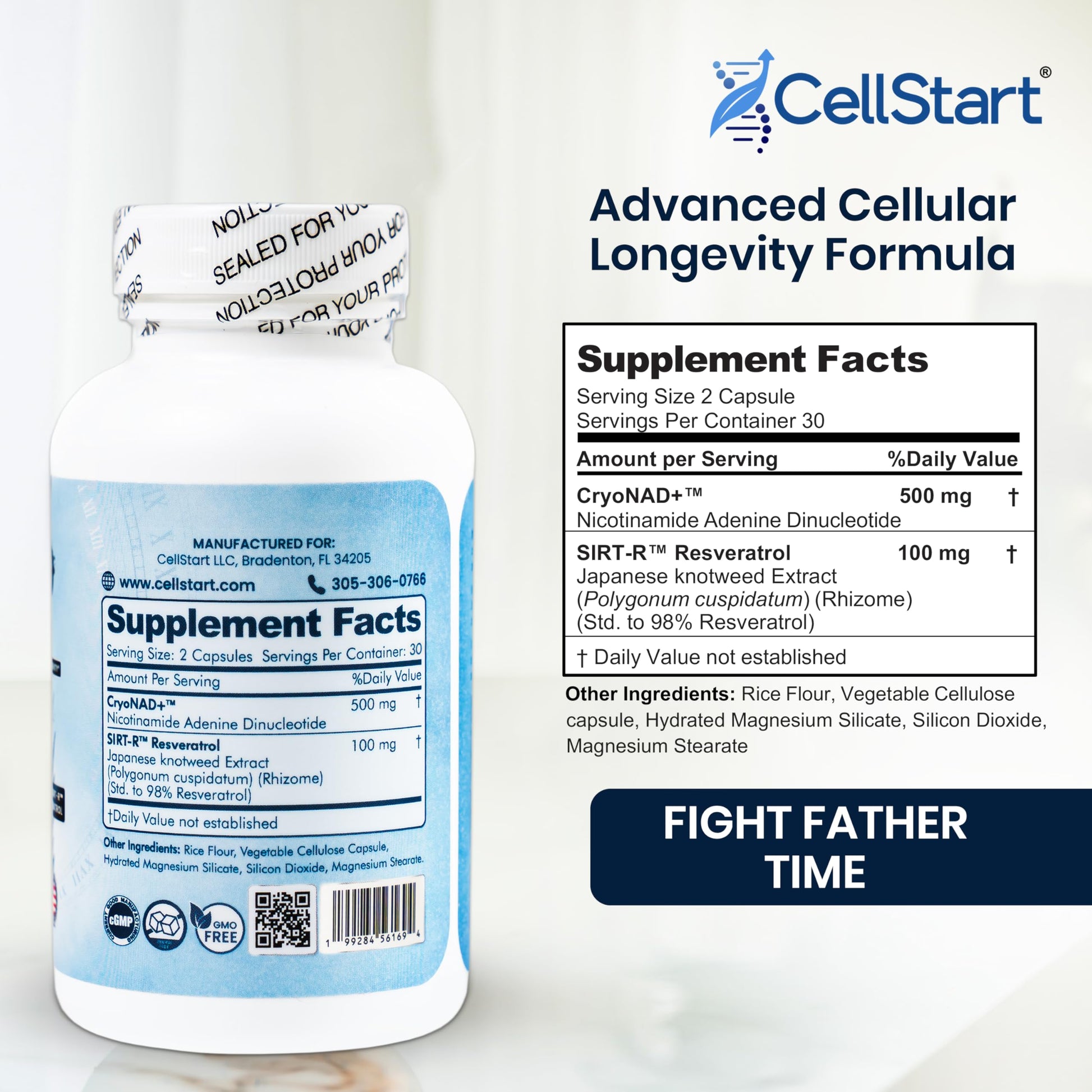 CellStart NAD+ Resveratrol Supplement 60 Capsules of 500mg | Anti Aging & Cellular Support Supplements for Women & Men - NAD Supplement Made in USA, (1-Month Supply) CellStart buy supplements canada