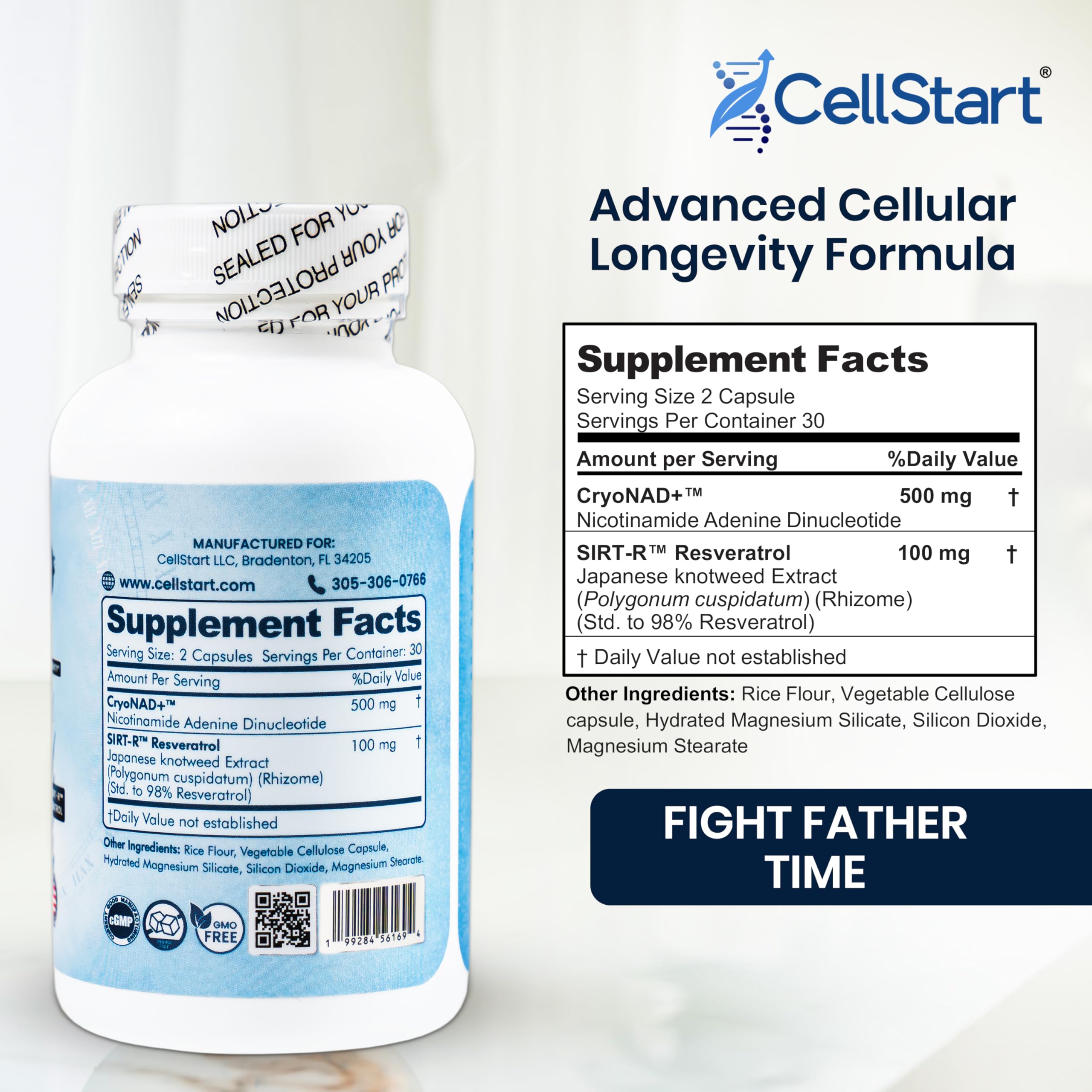 CellStart NAD+ Resveratrol Supplement 60 Capsules of 500mg | Anti Aging & Cellular Support Supplements for Women & Men - NAD Supplement Made in USA, (1-Month Supply) CellStart buy supplements canada