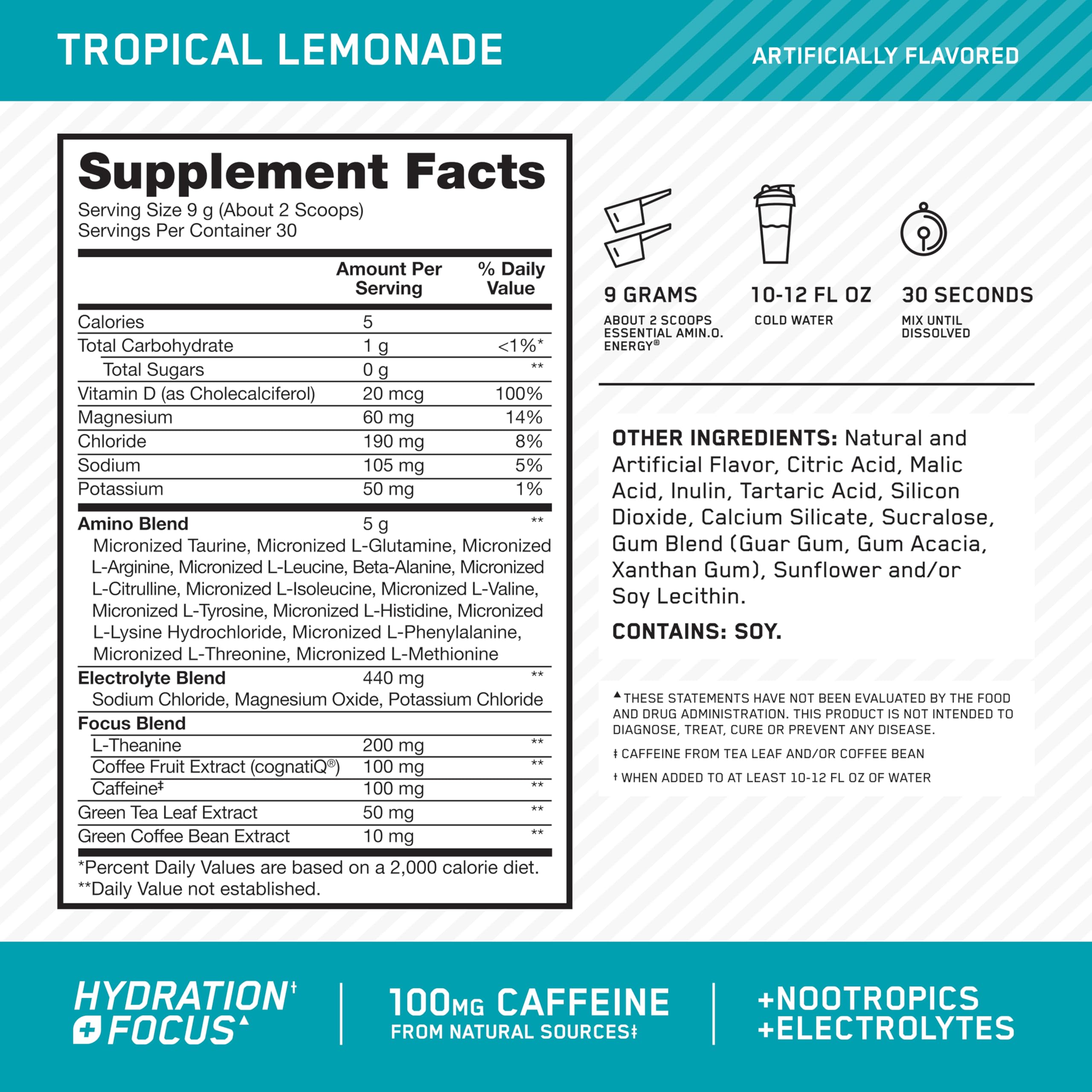 Optimum Nutrition Amino Energy Powder Plus Focus, with BCAA, Electrolytes, and Caffeine, Tropical Lemonade, 30 Servings (Packaging May Vary) Optimum Nutrition buy supplements canada