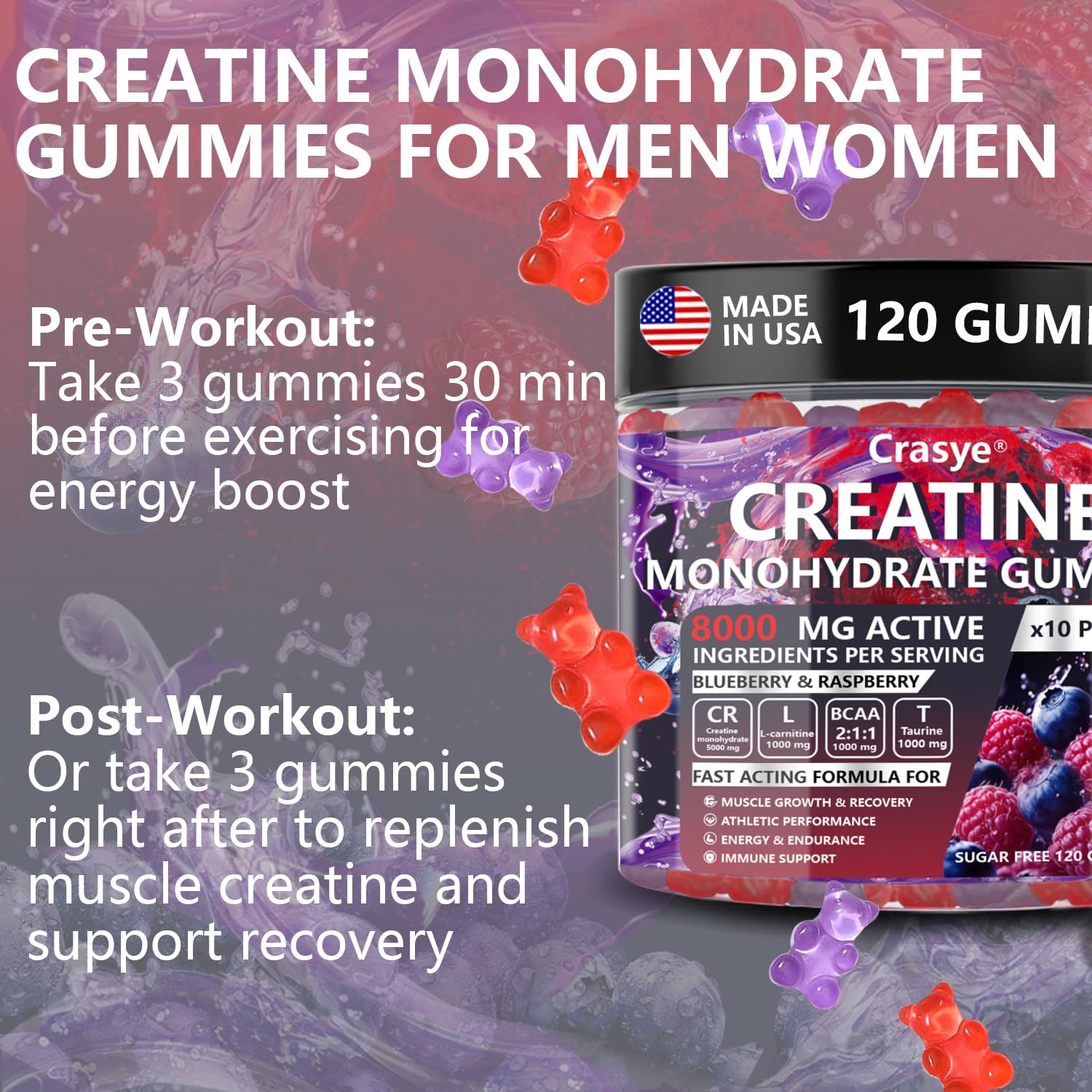 Crasye Creatine Gummies Complex 8000mg for Men and Women Creatine Monohydrate Gummy with BCAA Taurine for Muscle Strength and Energy Boost Sugar Crasye buy supplements canada