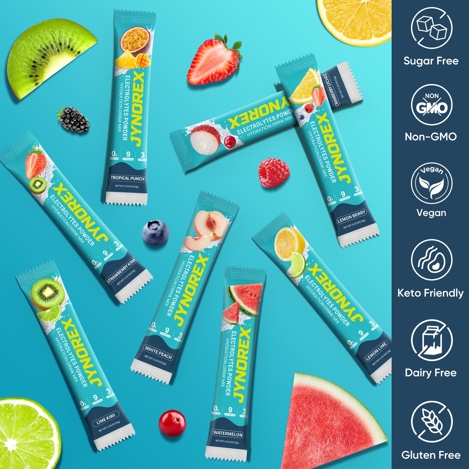 JYNOREX Electrolytes Powder Packets Sugar Free, 30 Sticks High Sodium Hydration Packets, Electrolyte Drink Mix with Lemon Lime Watermelon Peach Berry Kiwi JYNOREX buy supplements canada