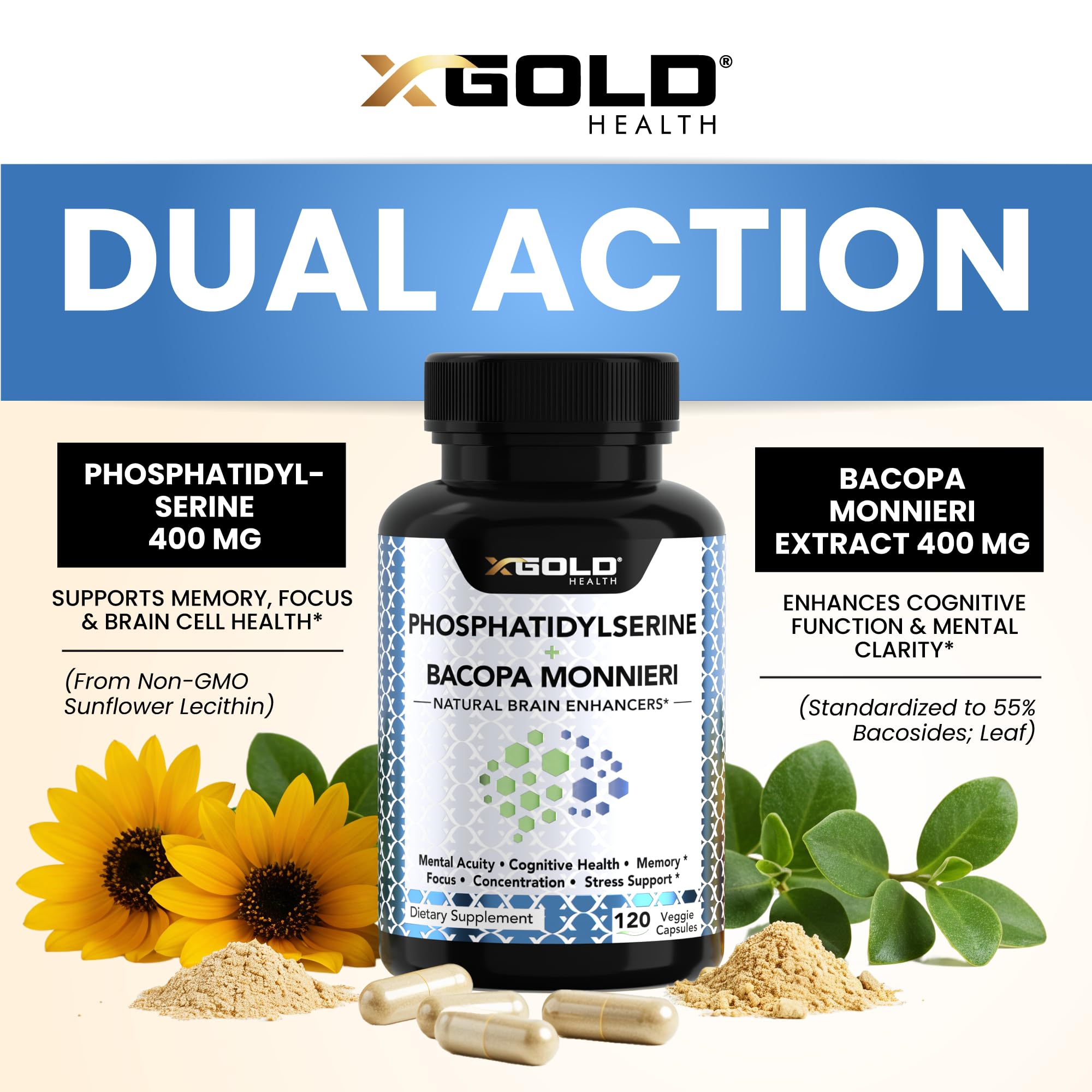 PhosphatidylSerine & Bacopa Monnieri 800 mg 2 in 1 Supplement - Natural Brain Enhancer/Nootropic for Enhanced Focus and Concentration, Memory Support, & Cognitive Function - 120 Vegetarian Capsules X Gold Health buy supplements canada