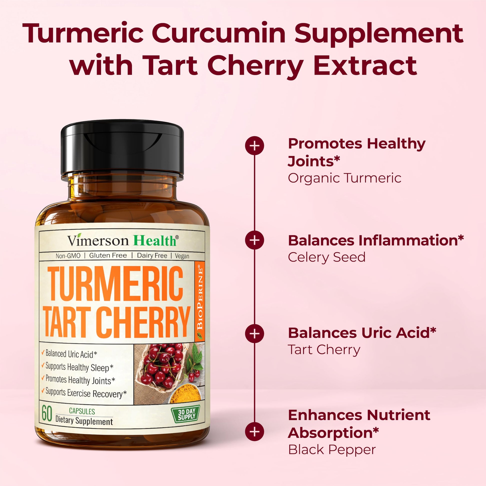 Turmeric Curcumin Supplement with 10:1 Tart Cherry Extract & Celery Seed Extract – Natural Uric Acid Balance, Joint Health & Sleep Aid – Turmeric Curcumin with Black Pepper – 60 Tart Cherry Capsules Vimerson Health buy supplements canada