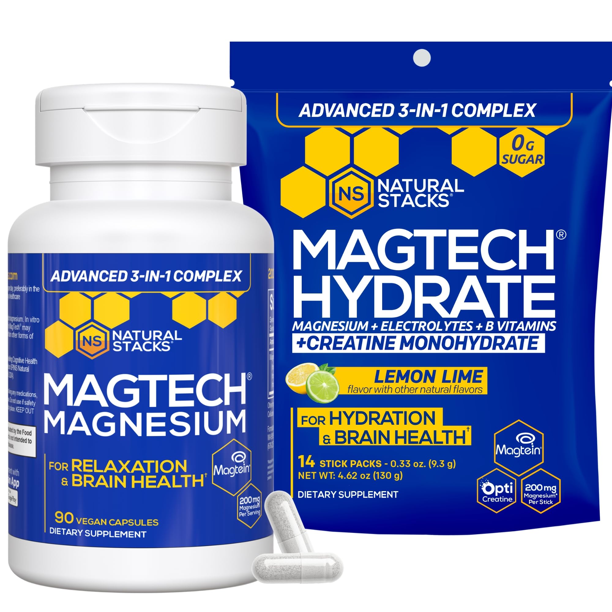 Magtech Magnesium Capsules + Hydration Creatine Powder Lemon Lime Bundle - 3 Forms of Magnesium - Featuring Magtein L-Threonate - Brain Health & Hydration Support* - 44 Total Servings NATURAL STACKS buy supplements canada