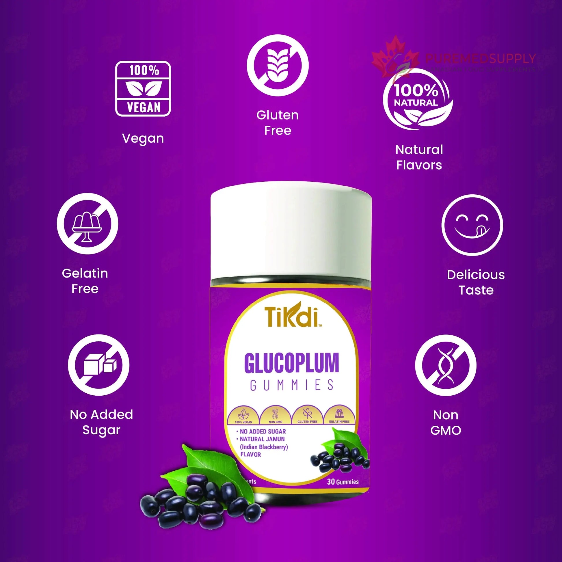 TIKDI GlucoPlum Gummy - 30 Count - Supports Healthy Blood Sugar Levels Already Within Normal Range. All Natural with Indian BlackBerry, Fenugreek, Cinnamon, Vegan, No Added Sugar TIKDI buy supplements canada