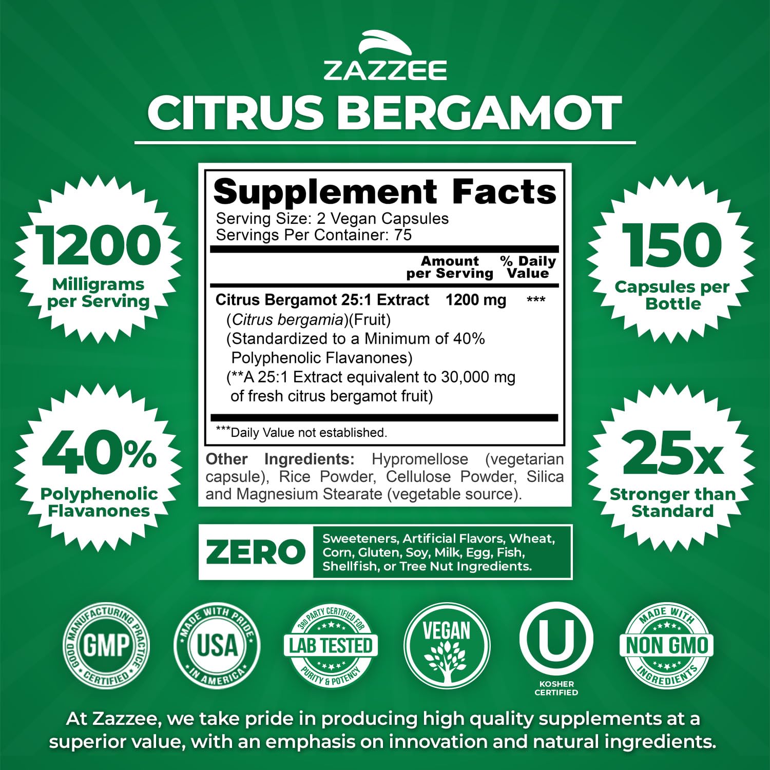 Zazzee Citrus Bergamot 25:1 Extract, 1200 mg Per Serving, 40% Polyphenolic Flavanones, 150 Vegan Capsules, 5 Month Supply, Citrus Bergamia, Antioxidant Support, Certified Kosher, Non-GMO, Made in USA Zazzee buy supplements canada