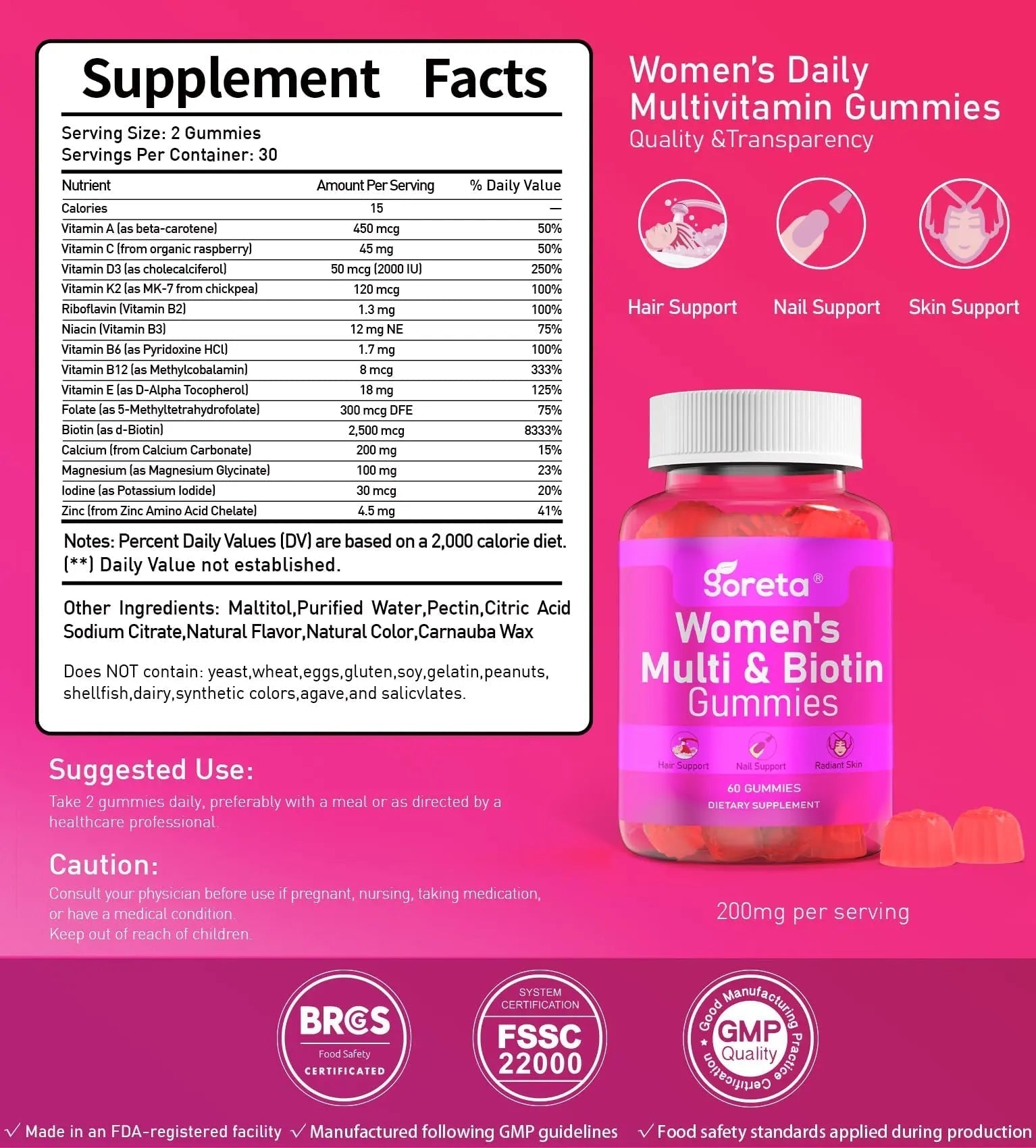 Goreta Women’s Multivitamin Gummies with Biotin 2,500 mcg – 15 Key Nutrients, Sugar-Free Mixed Berry, Pectin-Based, 60 Count Goreta buy supplements canada