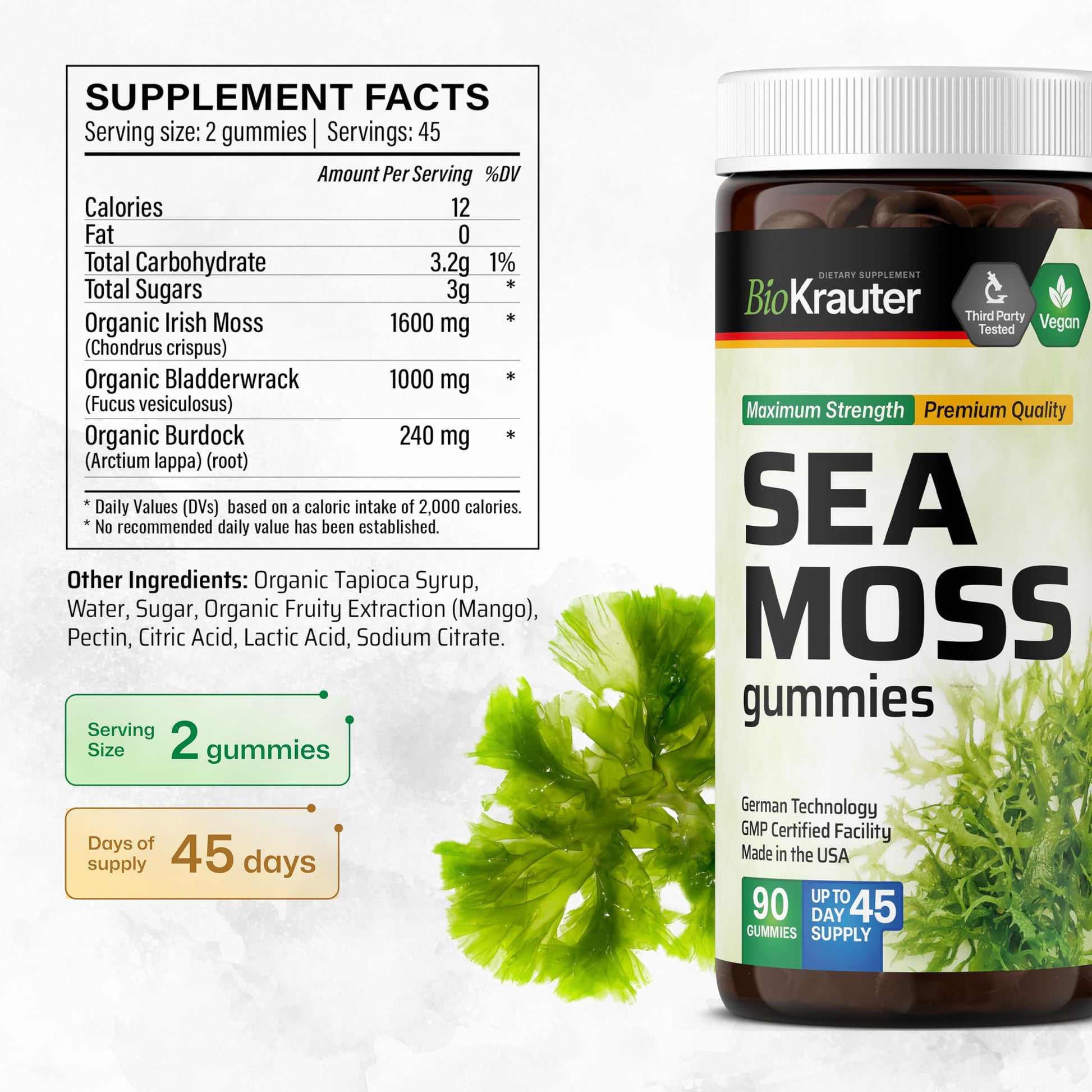 BIO KRAUTER® 3-in-1 Sea Moss for Thyroid Support - Vegan Sea Moss Gummies with Bladderwrack & Burdock Root for Women & Men - 90 Gummies Chondrus Crispus Formula, 45 Days of Supply, Mango Flavor BIO KRAUTER buy supplements canada
