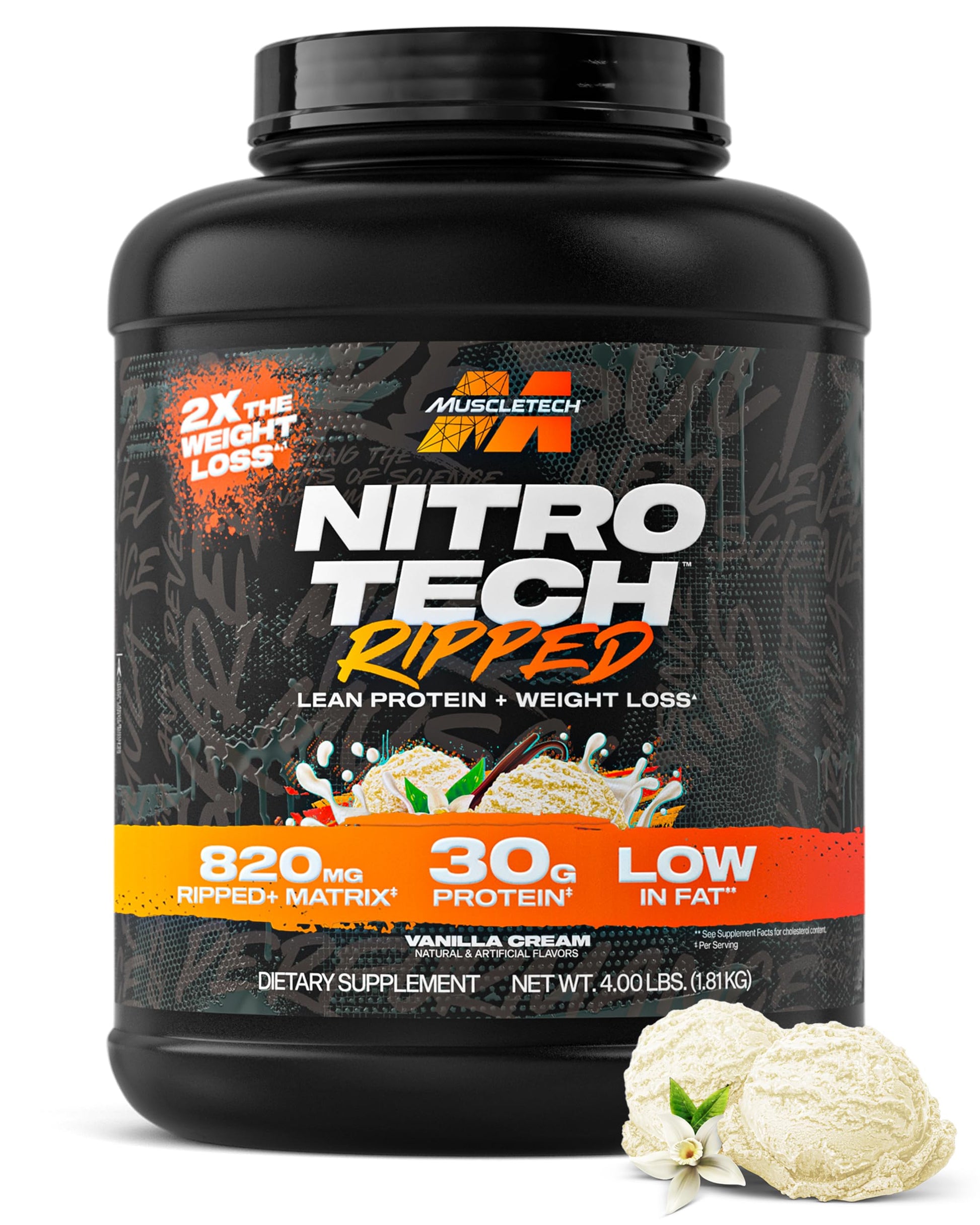 Muscletech Whey Protein Powder (Vanilla Cream, 4LB) - Nitro-Tech Ripped Whey Protein Isolate & Peptides Smoothie Mix for Lean Muscle & Fast Recovery - 30g of Whey Protein for Women & Men MuscleTech buy supplements canada