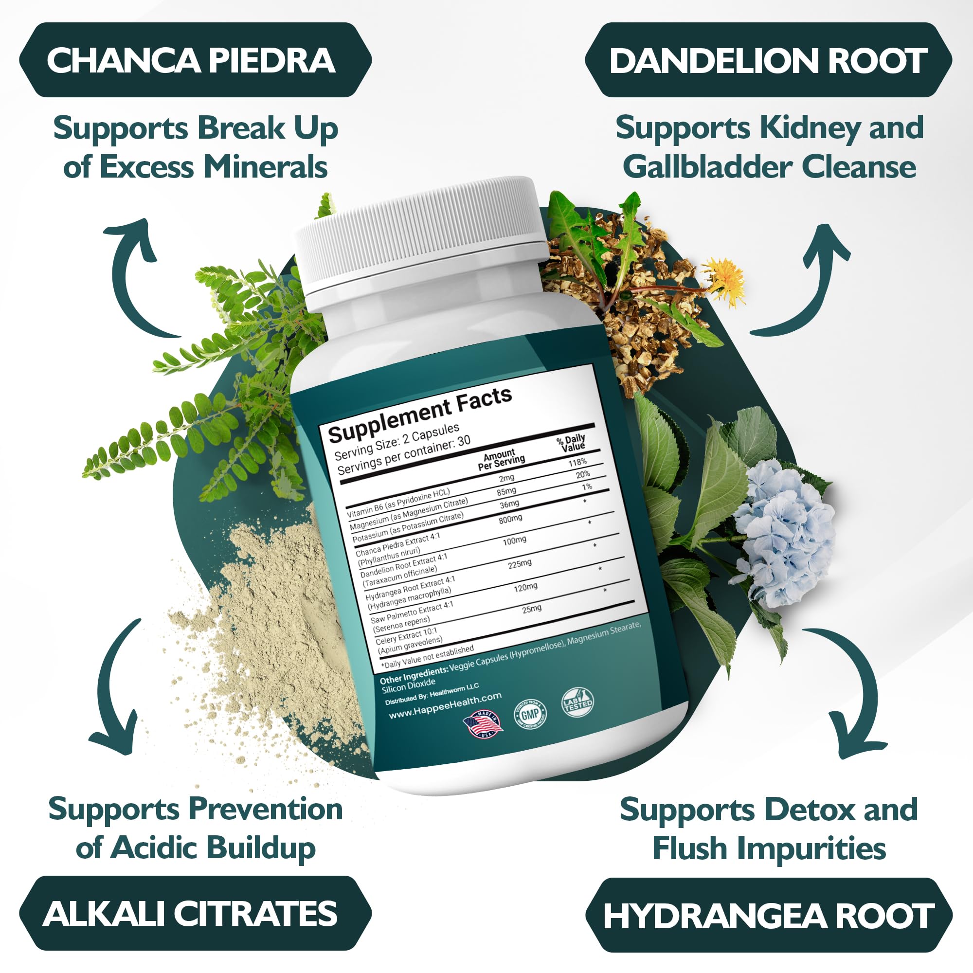 Happee Chanca Piedra Stone Breaker Kidney & Gallbladder Cleanse – Kidney Stone Dissolver & Passage Support - High Potency Phyllanthus Niruri with Magnesium, Potassium & Herbal Blend - 60 Capsules Happee buy supplements canada