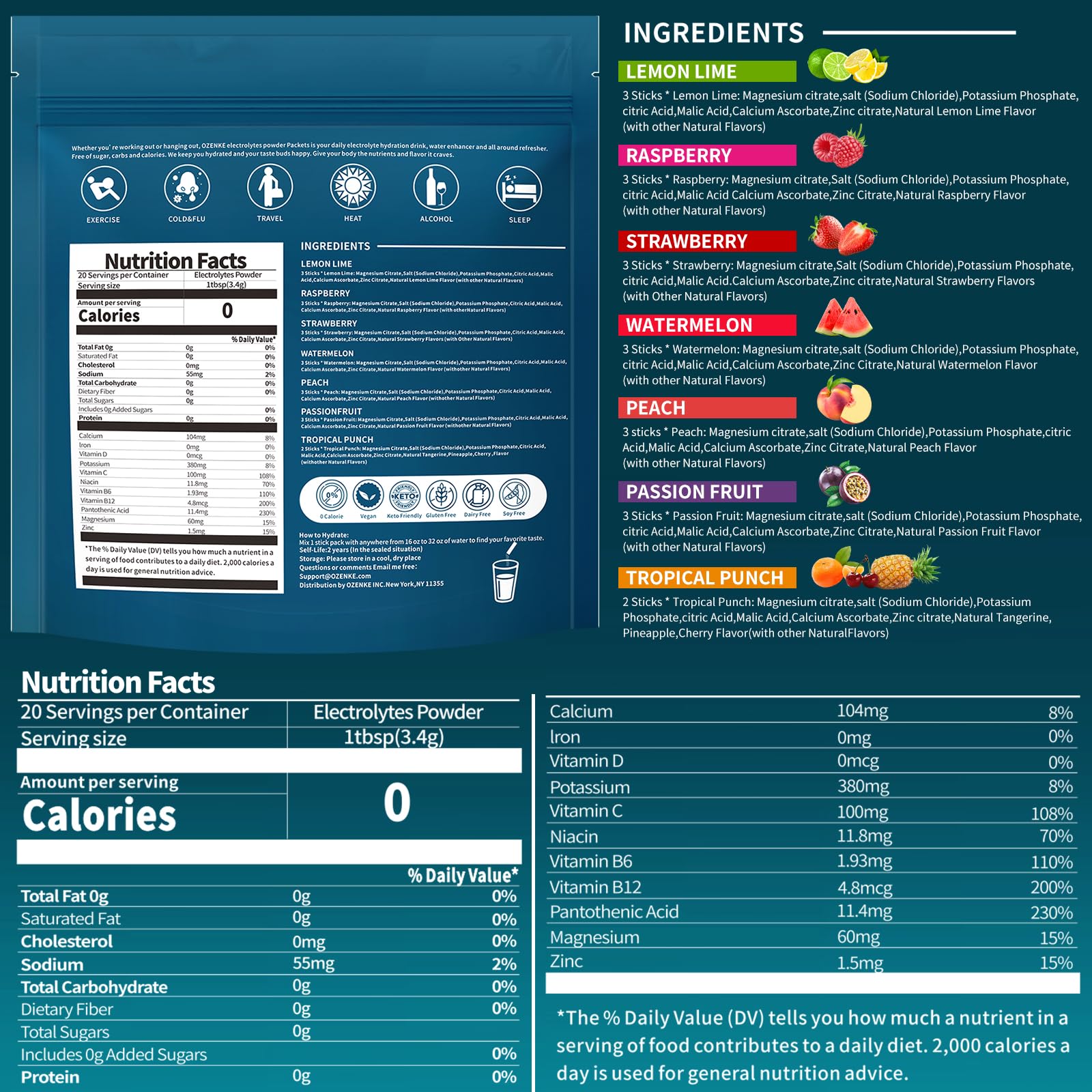 OZENKE Electrolytes Powder Packets, Hydration Packets, Electrolytes Powder No Sugar, Portable Electrolyte Drink Mix for Rapid Hydration, Sugar Free & Low Sodium OZENKE buy supplements canada