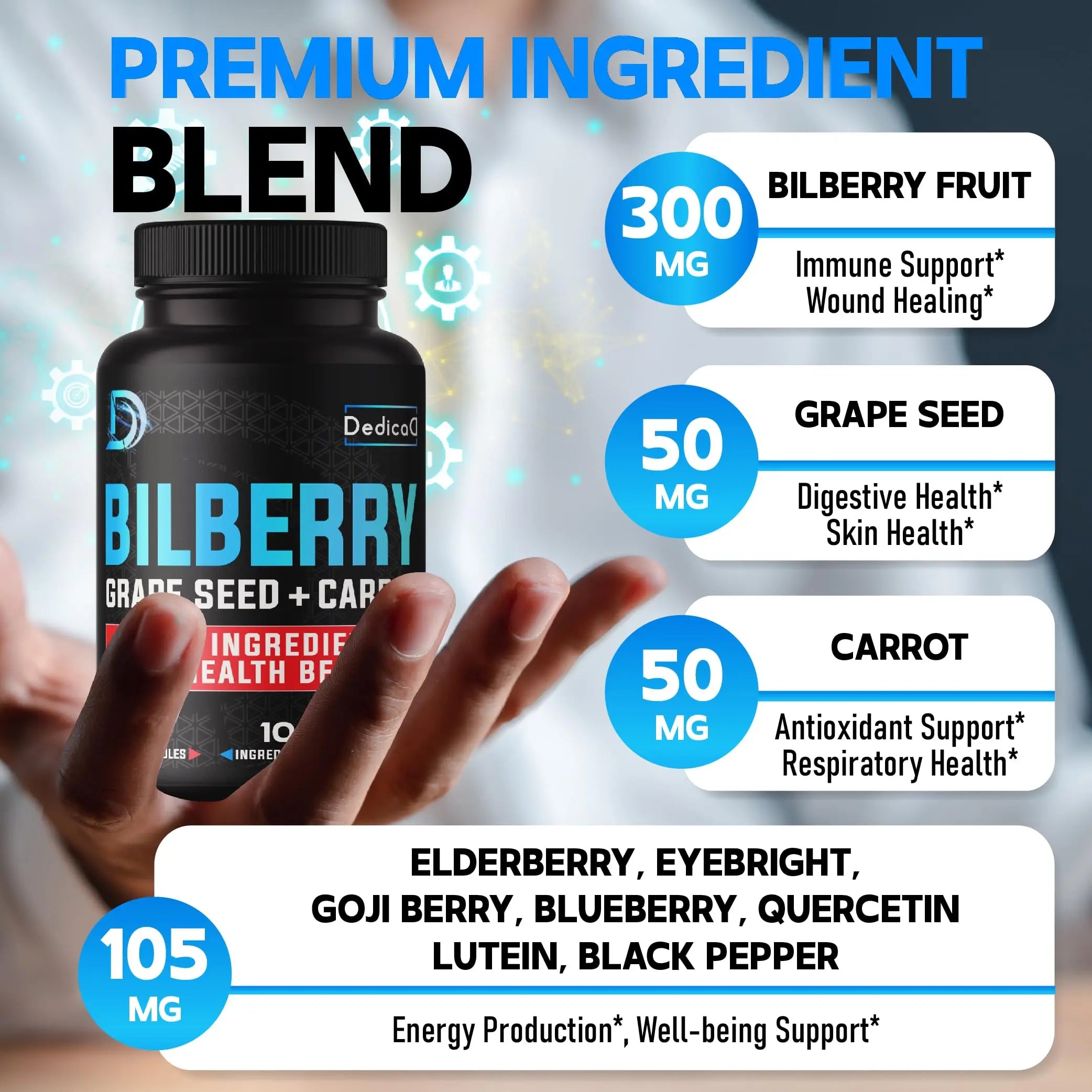 DEDICAD 20:1 Bilberry Extract Capsules - 5 Month Supply - Support Eyes, Vision & Heart Health - 10in1 Plus Grape Seed, Carrot, Elderberry, Eyebright & Others - 150 Counts DEDICAD buy supplements canada