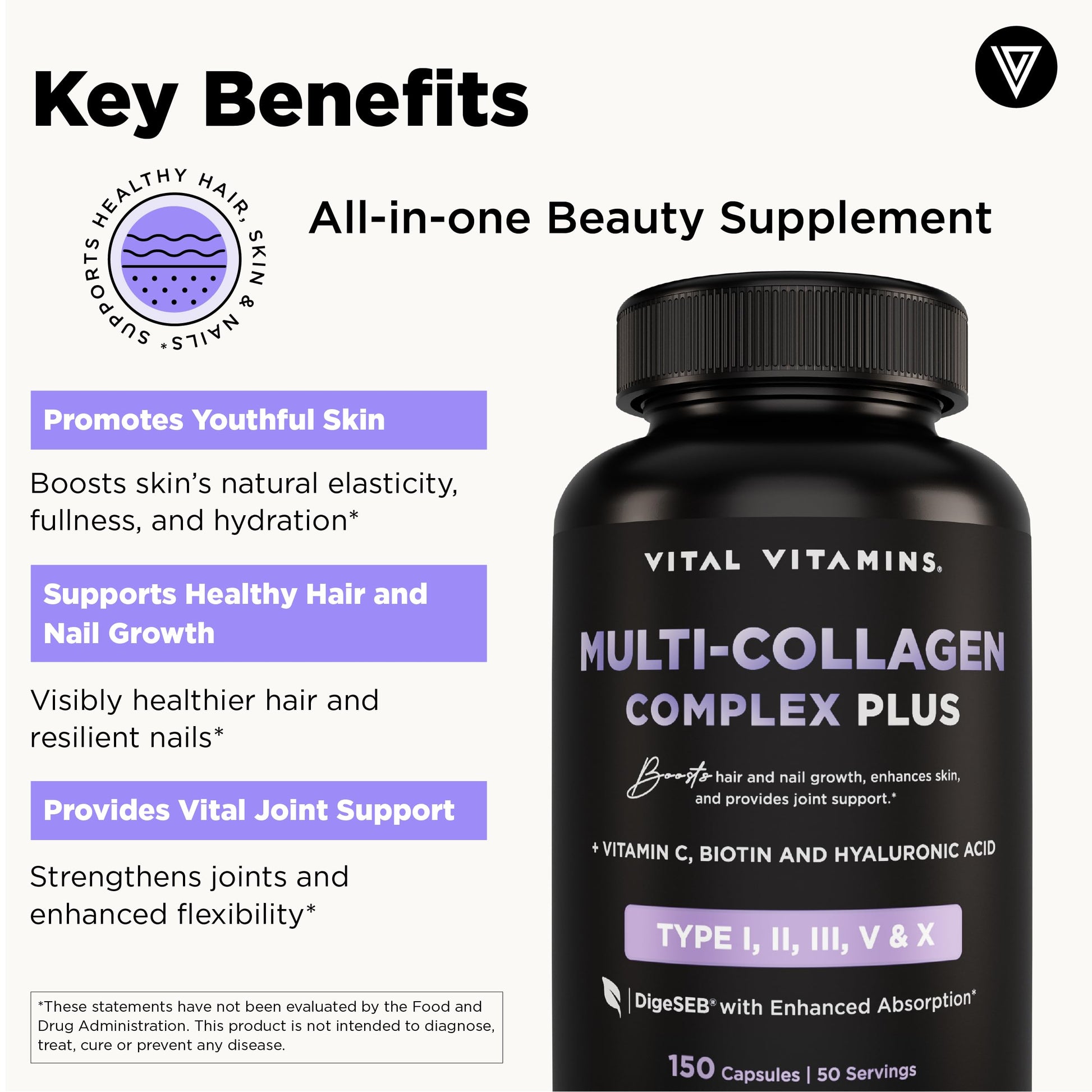 Vital Vitamins Multi Collagen Complex Plus - with Biotin, Hyaluronic Acid, Vitamin C - Type I, II, III, V, X - for Women & Men - Hair, Skin Vital Vitamins buy supplements canada