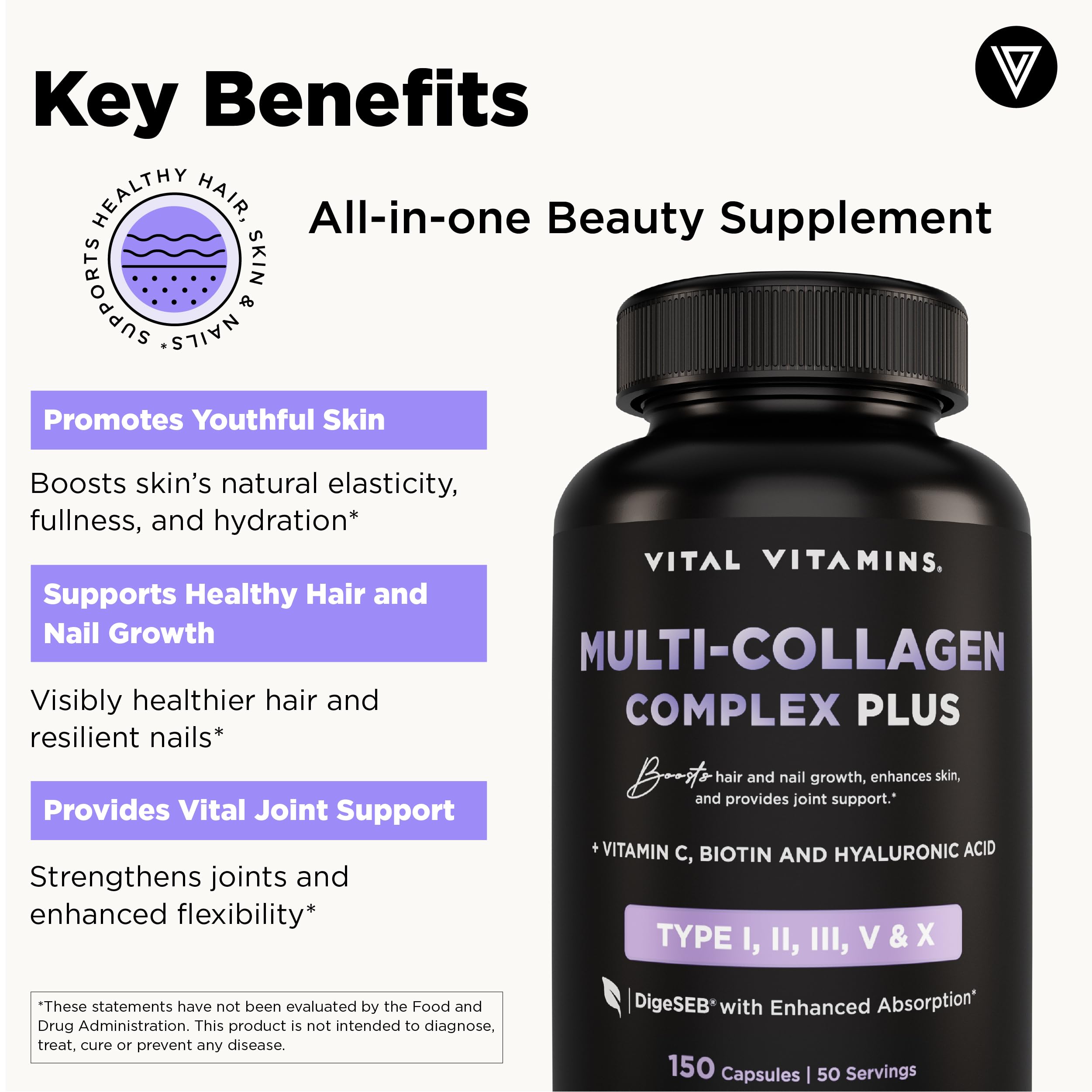 Vital Vitamins Multi Collagen Complex Plus - with Biotin, Hyaluronic Acid, Vitamin C - Type I, II, III, V, X - for Women & Men - Hair, Skin Vital Vitamins buy supplements canada