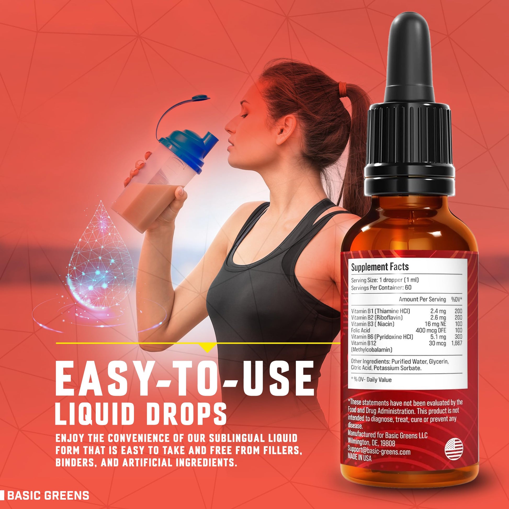 BASIC GREENS Vitamin B Complex Liquid Drops - Strength Sublingual Formula, Maximizes Absorption & Boosts Energy - B1, B2, B3, B5, B6, B7, B9, B12 - Natural Vegan Supplement BASIC GREENS buy supplements canada
