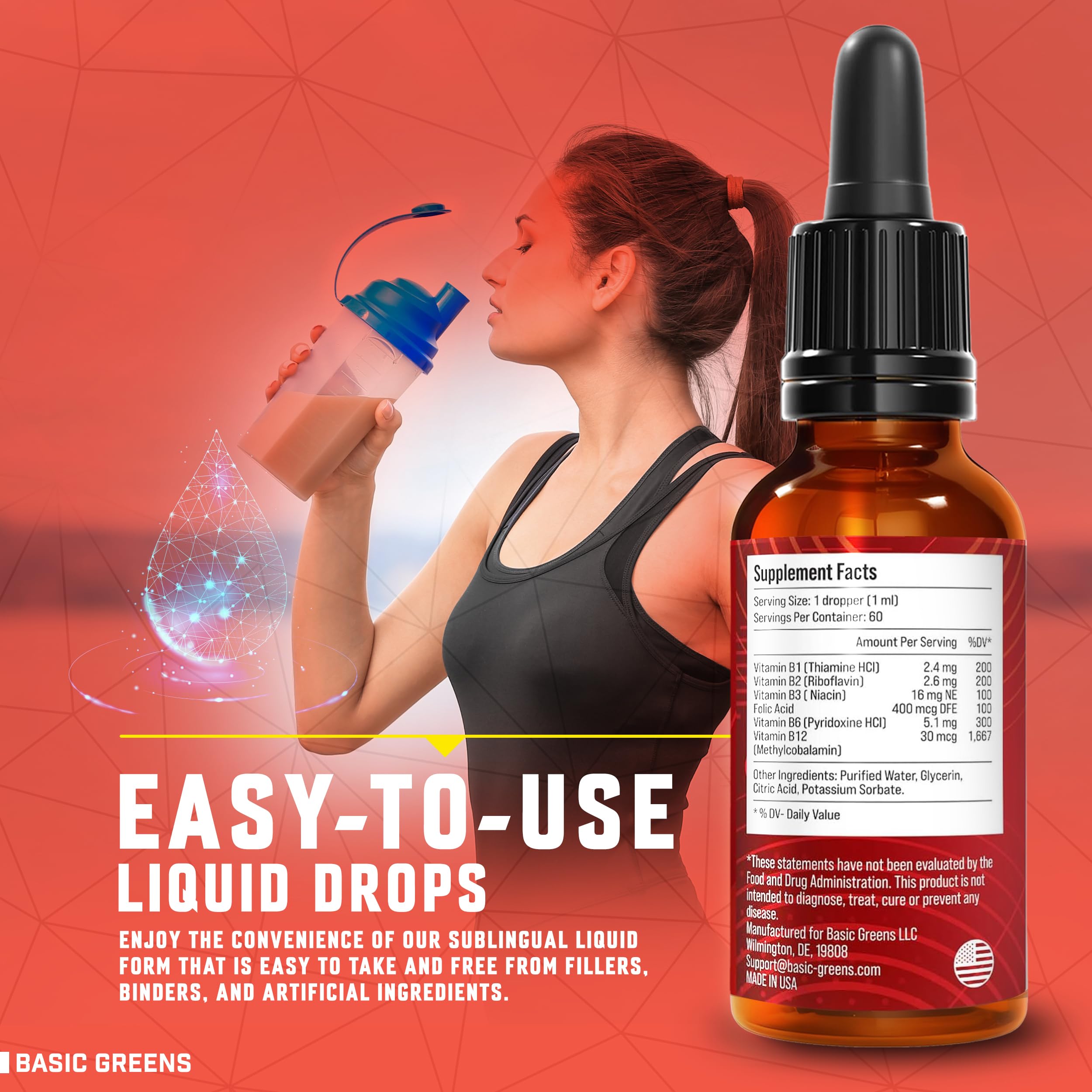 BASIC GREENS Vitamin B Complex Liquid Drops - Strength Sublingual Formula, Maximizes Absorption & Boosts Energy - B1, B2, B3, B5, B6, B7, B9, B12 - Natural Vegan Supplement BASIC GREENS buy supplements canada