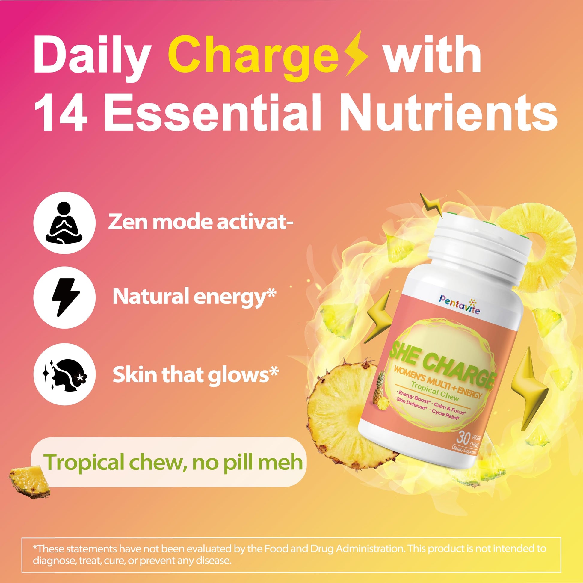 Pentavite She Charge Multivitamin for Women, Pineapple Tropical Chew, Daily Vitamin Supplements with Folate, Support Energy, Calm & Focus, Skin Defense and Cycle Pentavite buy supplements canada