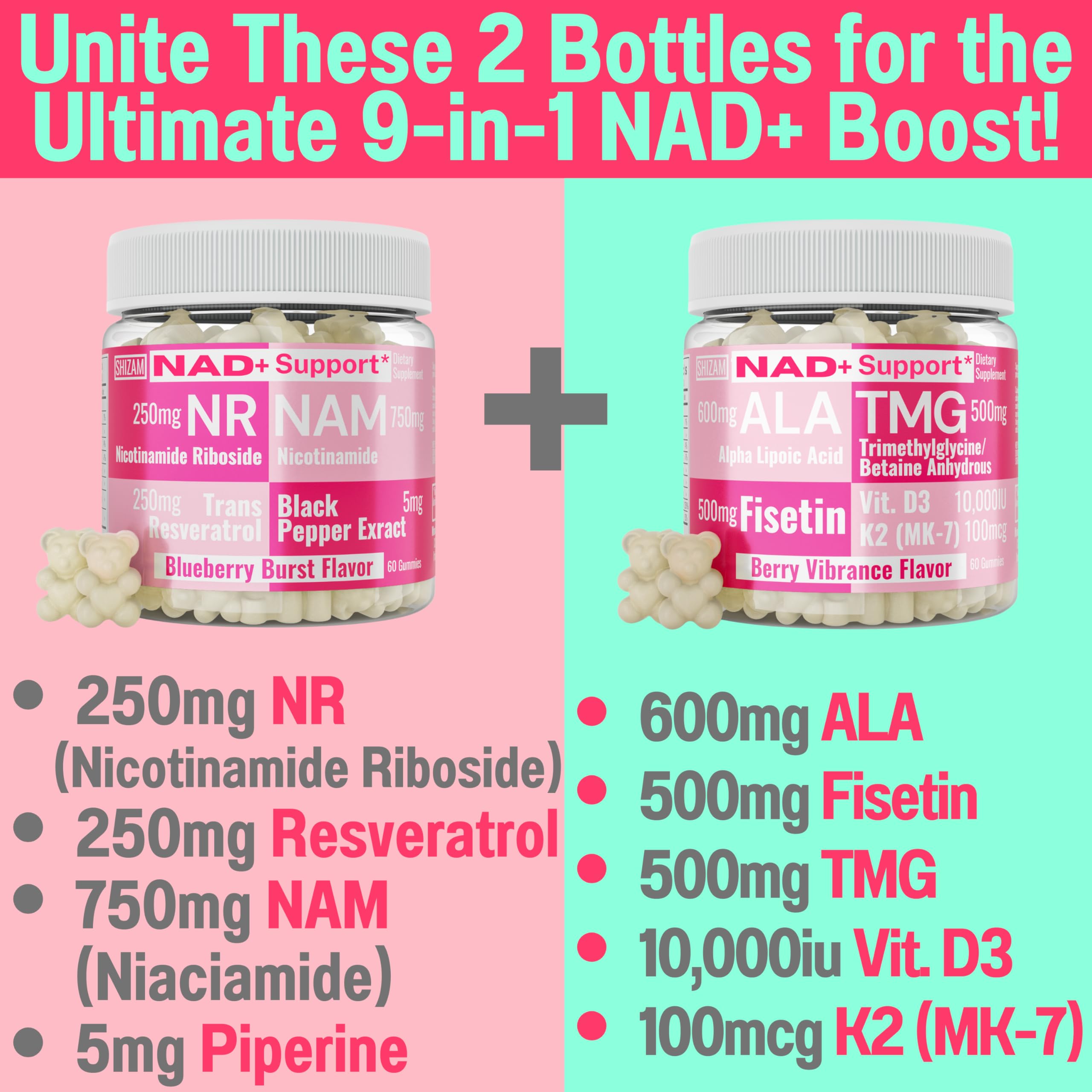 SHIZAM Nicotinamide Riboside NR NAM Resveratrol Gummies, 1000mg NAD+ NAD + Plus Nrf2 Activator Booster w Pure Niacinamide Vitamins B3 Capsules Pills Powder Supplements Alt NDA Regenerator 500mg SHIZAM buy supplements canada