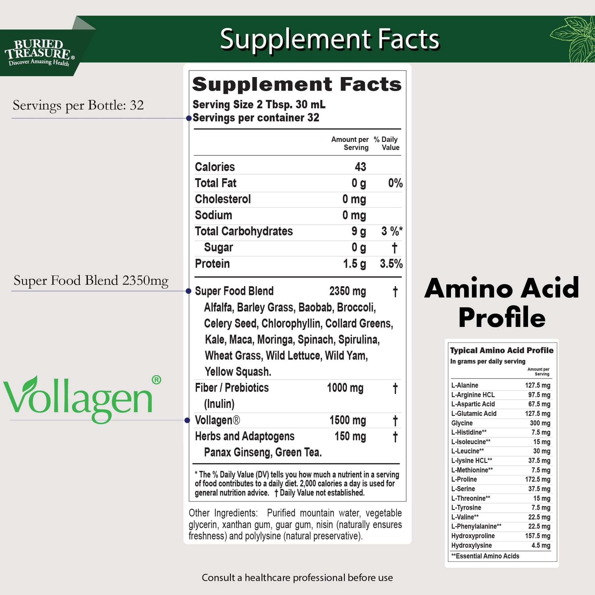 Buried Treasure Green20 Fusion – Superfood Blend with Vollagen for Skin, Hair, and Joint Support, Plant-Based, Vegan, Non-GMO Gluten-Free, Dairy-Free, Soy-Free, 32oz Liquid Buried Treasure buy supplements canada