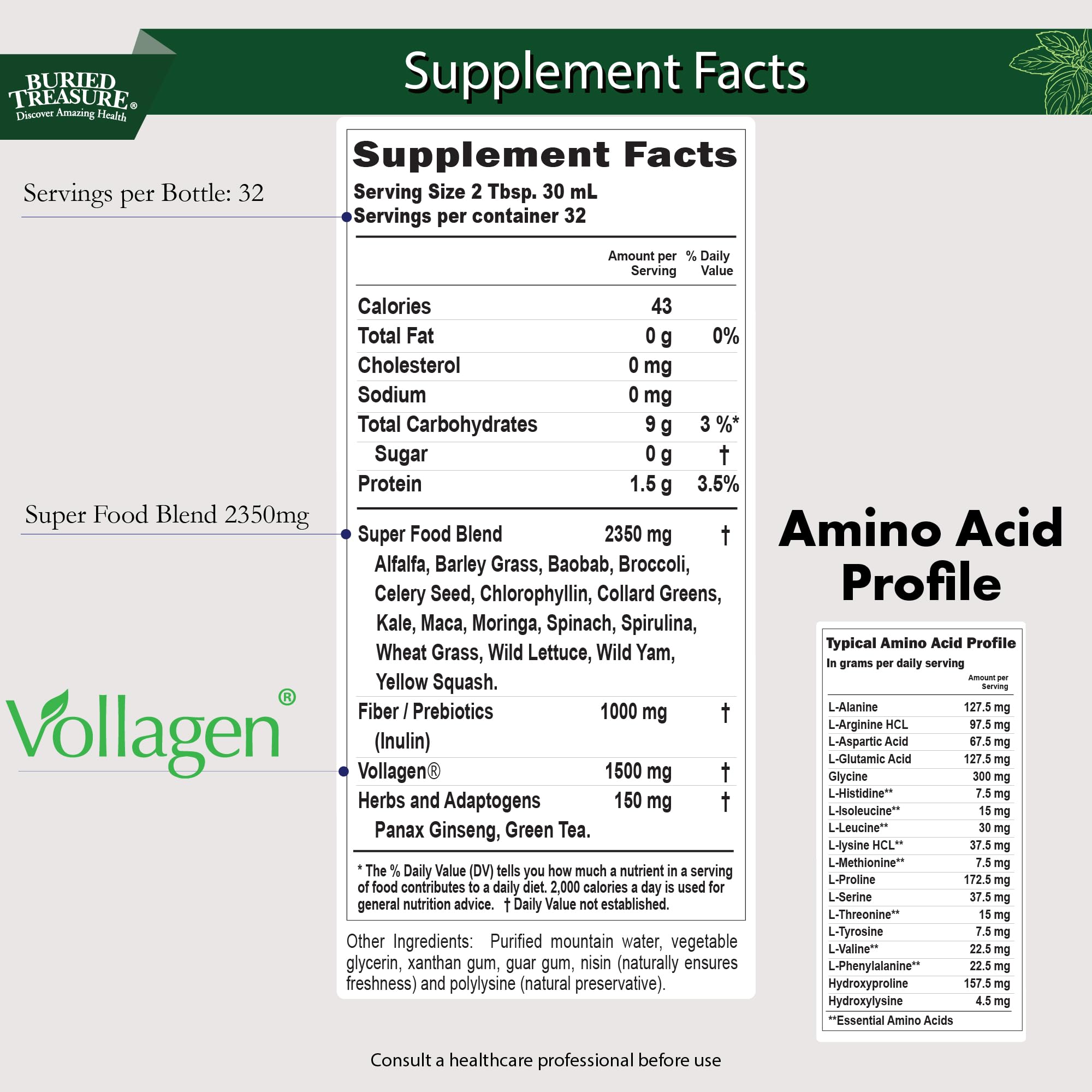 Buried Treasure Green20 Fusion – Superfood Blend with Vollagen for Skin, Hair, and Joint Support, Plant-Based, Vegan, Non-GMO Gluten-Free, Dairy-Free, Soy-Free, 32oz Liquid Buried Treasure buy supplements canada