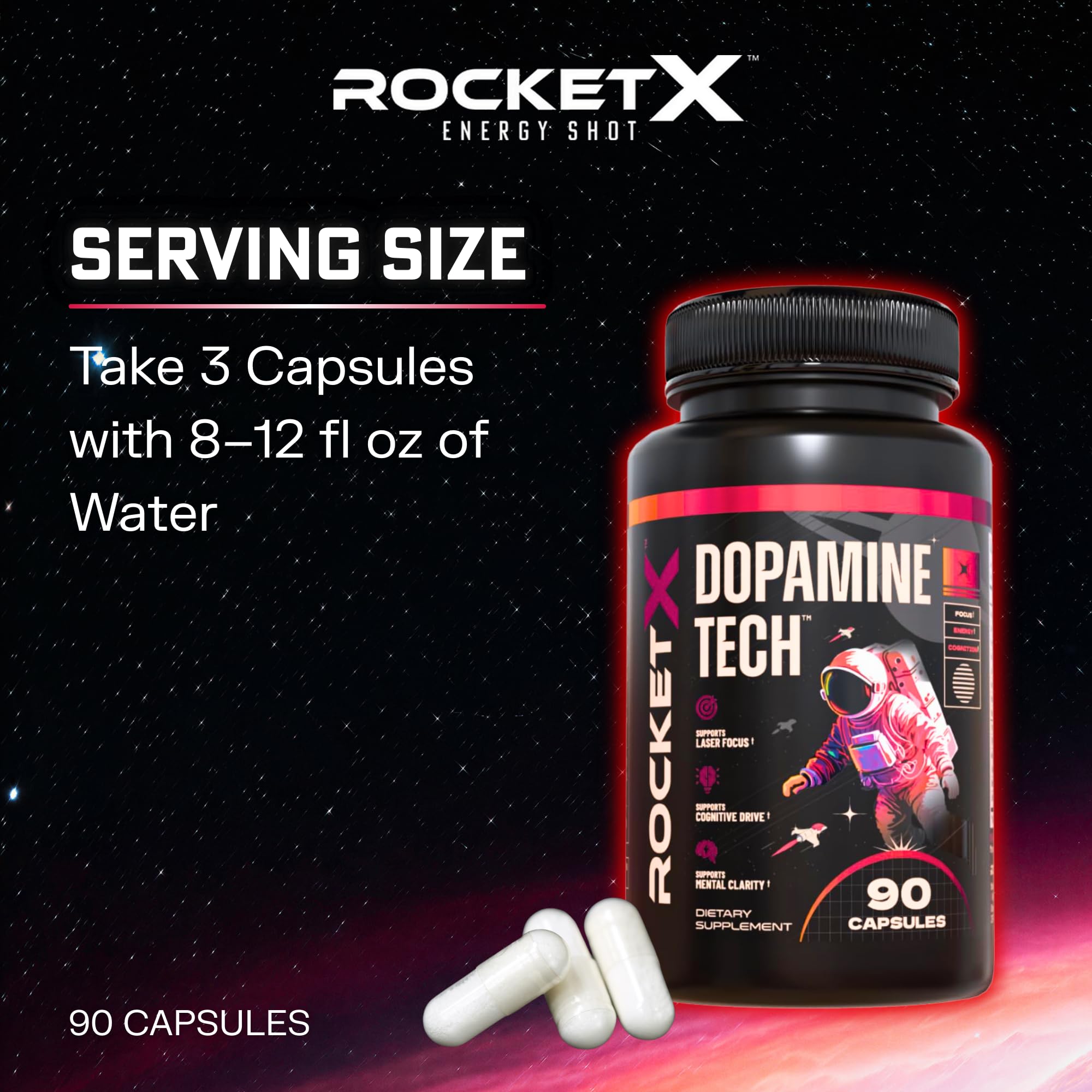 RocketX Dopamine Tech Brain Food Supplement, with L-Tyrosine and B Vitamins for Focus, Mental Clarity and Cognitive Drive, Vegan Capsules, 90 Capsules RocketX Energy buy supplements canada