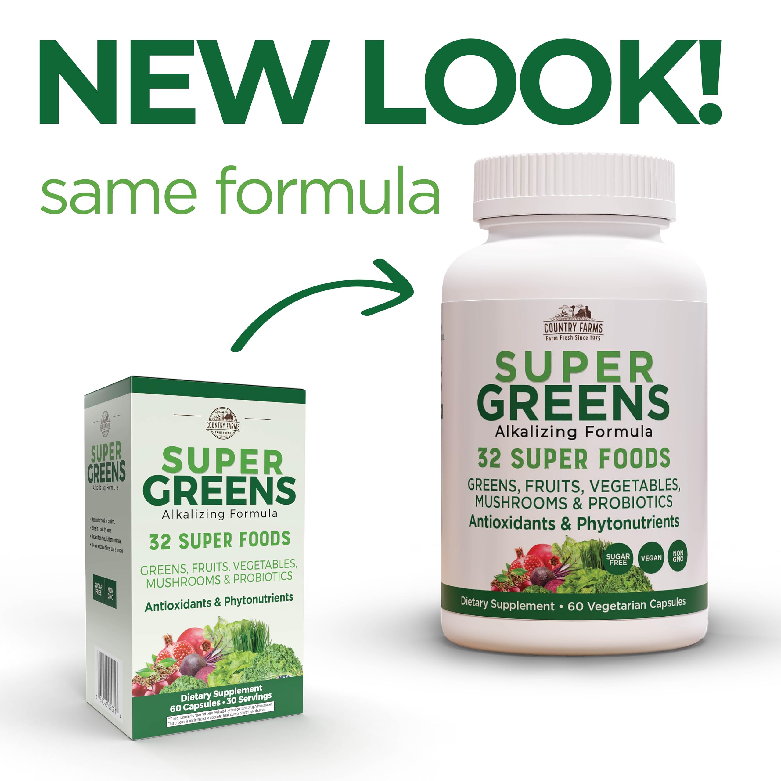 Country Farms Super Greens Vegicaps, 32 Super Foods, Whole Food Supplement, Greens, Fruit, Vegetables, Mushrooms & Probiotics, Rich in Antioxidants & Phytonutrients, 60 Count, 30 Servings Country Farms buy supplements canada