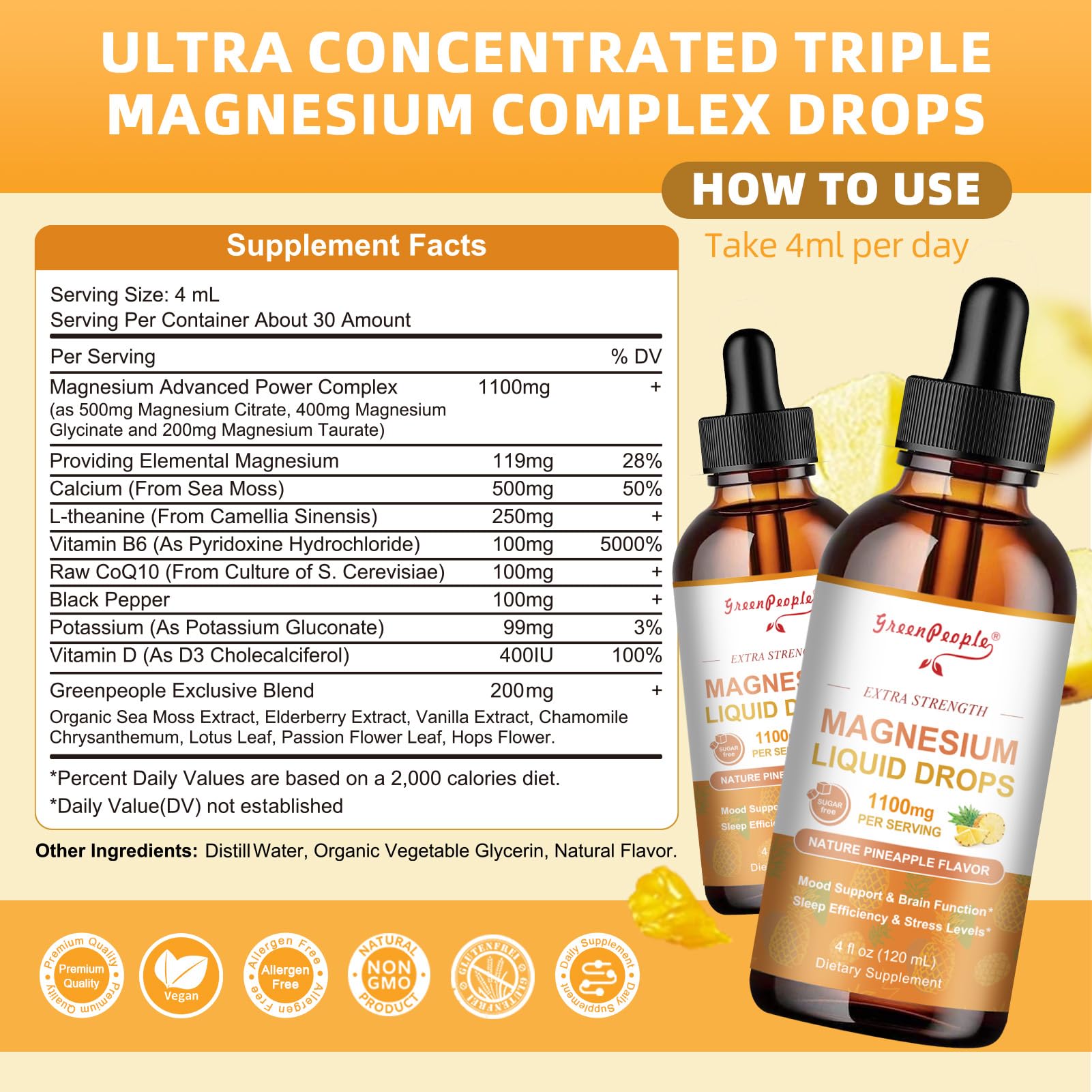 GREENPEOPLE Magnesium Glycinate Liquid Drop - 17-in-1 4Fl. Oz Triple Magnesium Complex Supplement with Glycinate 400mg & Citrate 500mg Taurate/L-Theanine for Calm Mood/Muscle/Sleep,Pineapple Flavor GREENPEOPLE buy supplements canada