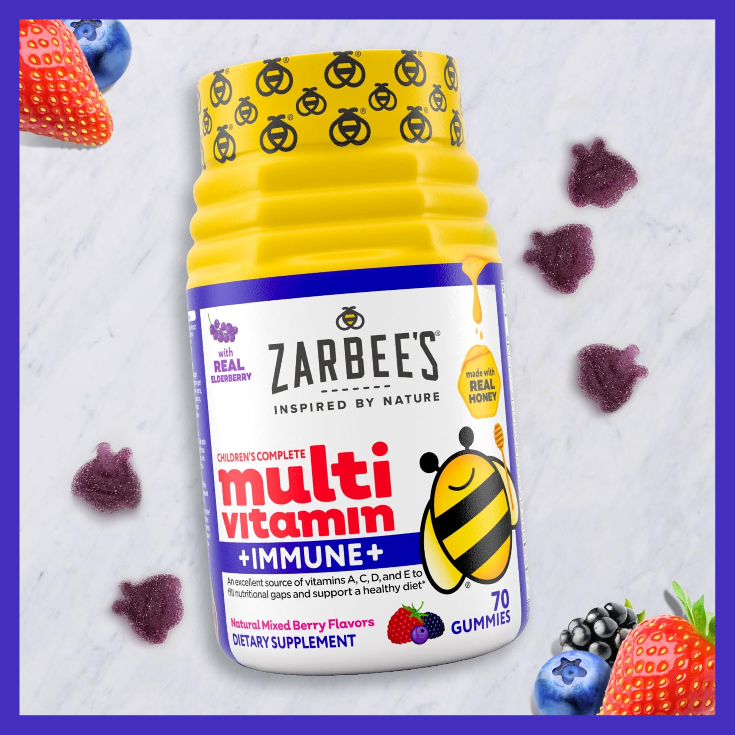 Zarbee’s Complete Kids Multivitamin Gummies + Immune Support, Berry Flavor, Honey-Sweetened, Gluten-Free & Gelatin-Free, Vitamins A, C, D3, E, B6, B12, Zarbee's buy supplements canada