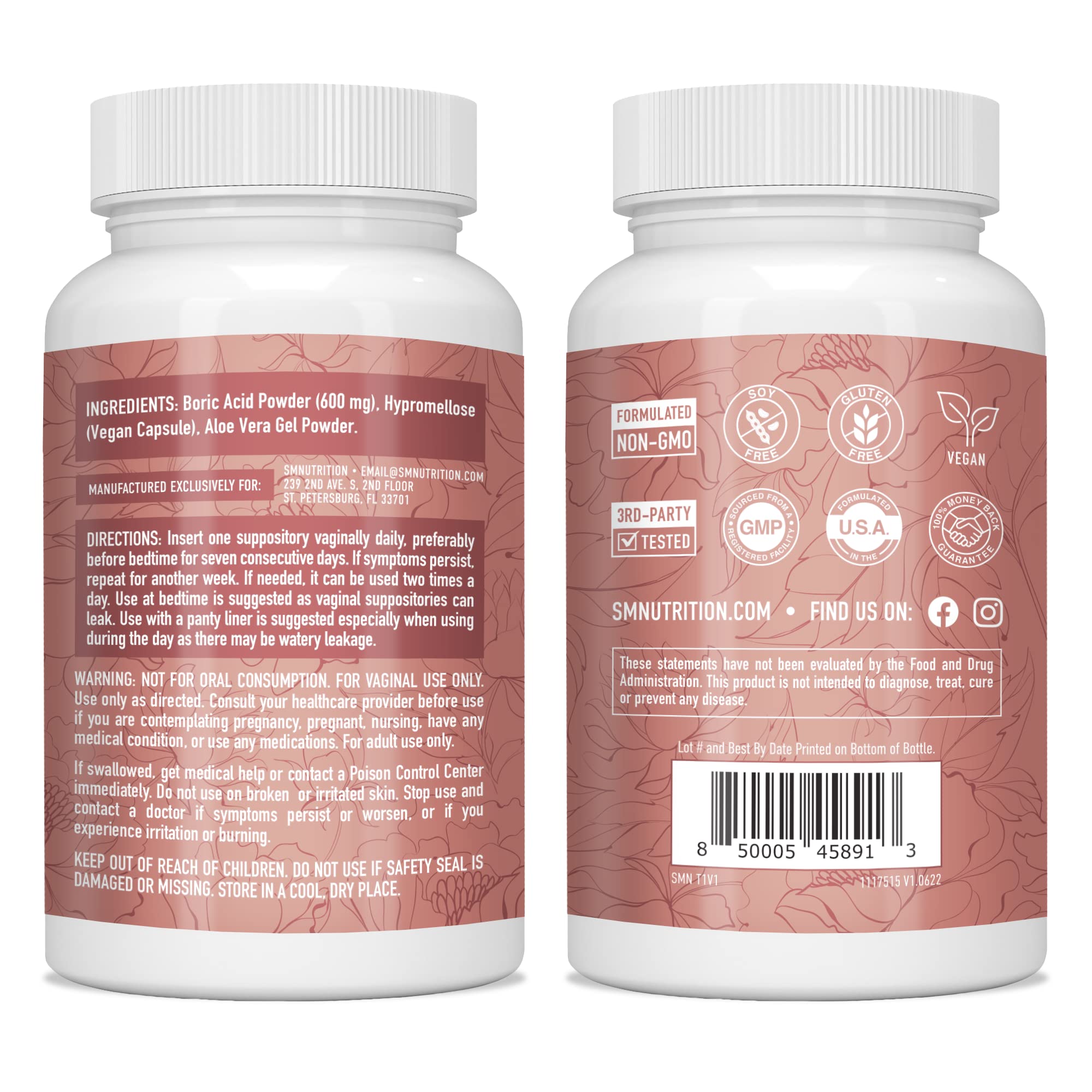 Boric Acid Suppositories for Women | 600mg | for pH Balance, Vaginal Odor & Itching | Feminine Intimate Health SMNutrition buy supplements canada