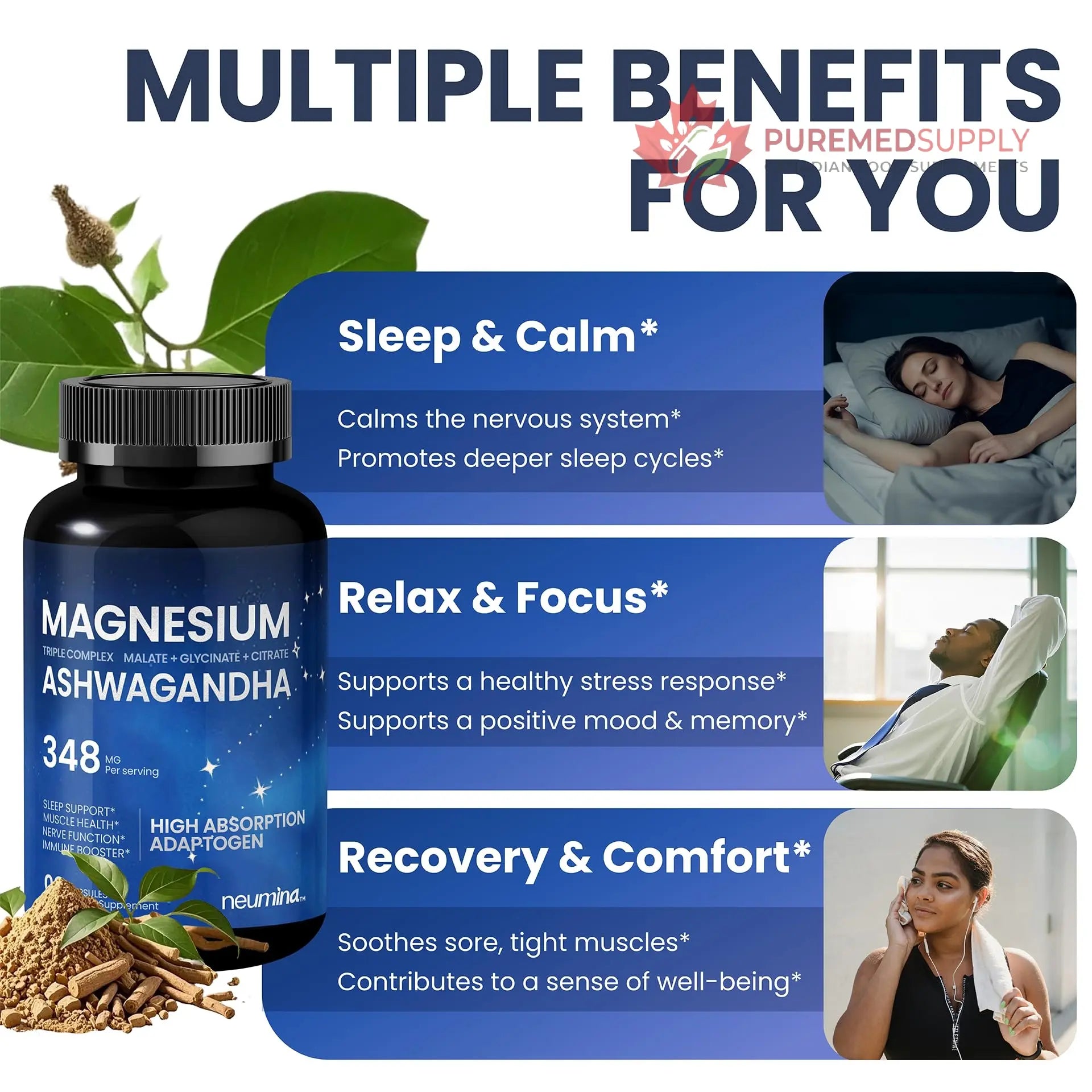 Magnesium Ashwagandha Complex | High-Absorption Multi Magnesium Supports Stress Relief, Sleep, Muscle & Heart Health | Vegan, Non-GMO, Gluten-Free, Made in USA, 90 Capsules((45-Day Supply) NEUMINA buy supplements canada