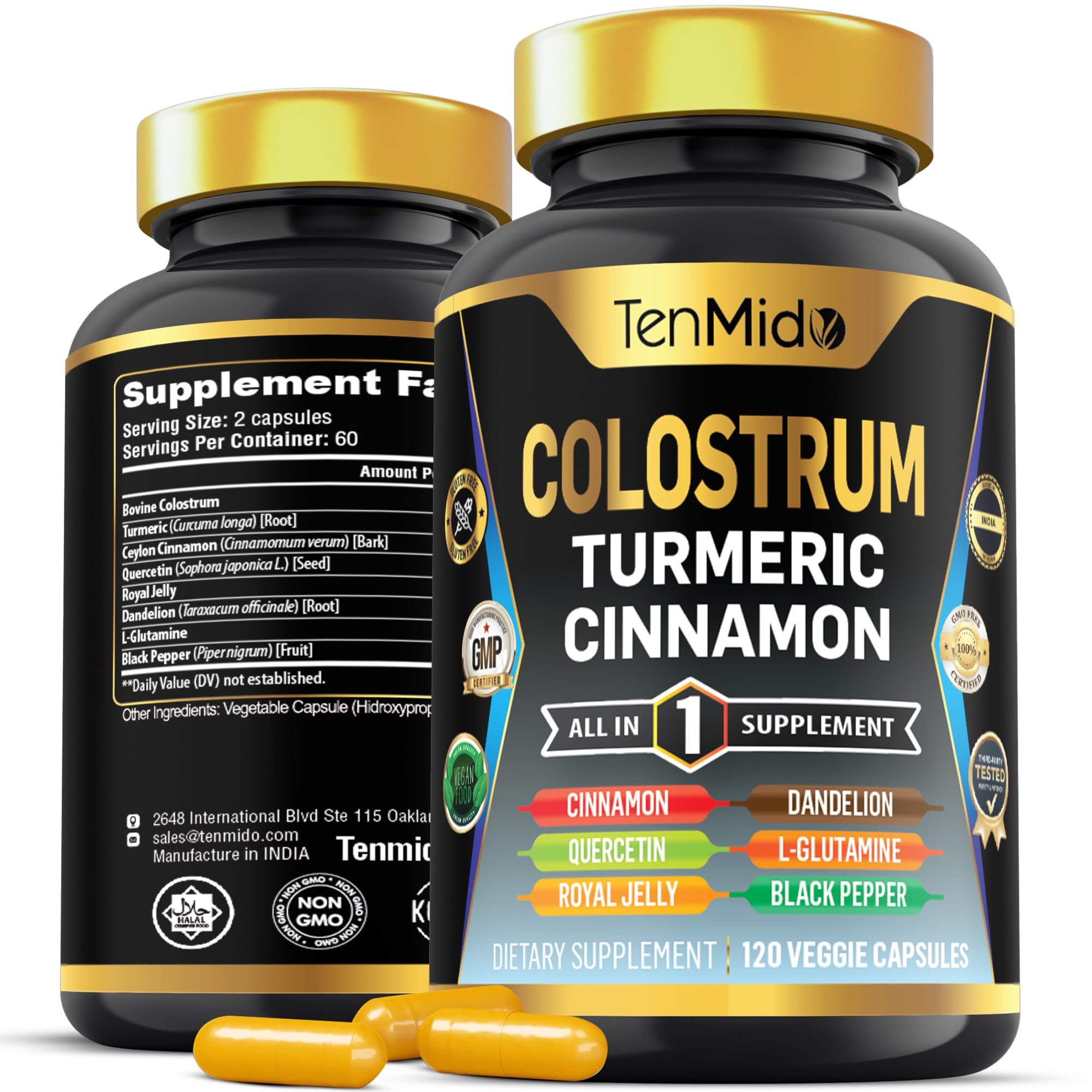 Tenmido Colostrum Supplement - 8in1 Formula - Combine with Turmeric, Ceylon Cinnamon, Quercetin, Royal Jelly, Dandelion, L- Glutamine, and Black Pepper - Digestive Health Support - 120 Capsules Tenmido buy supplements canada