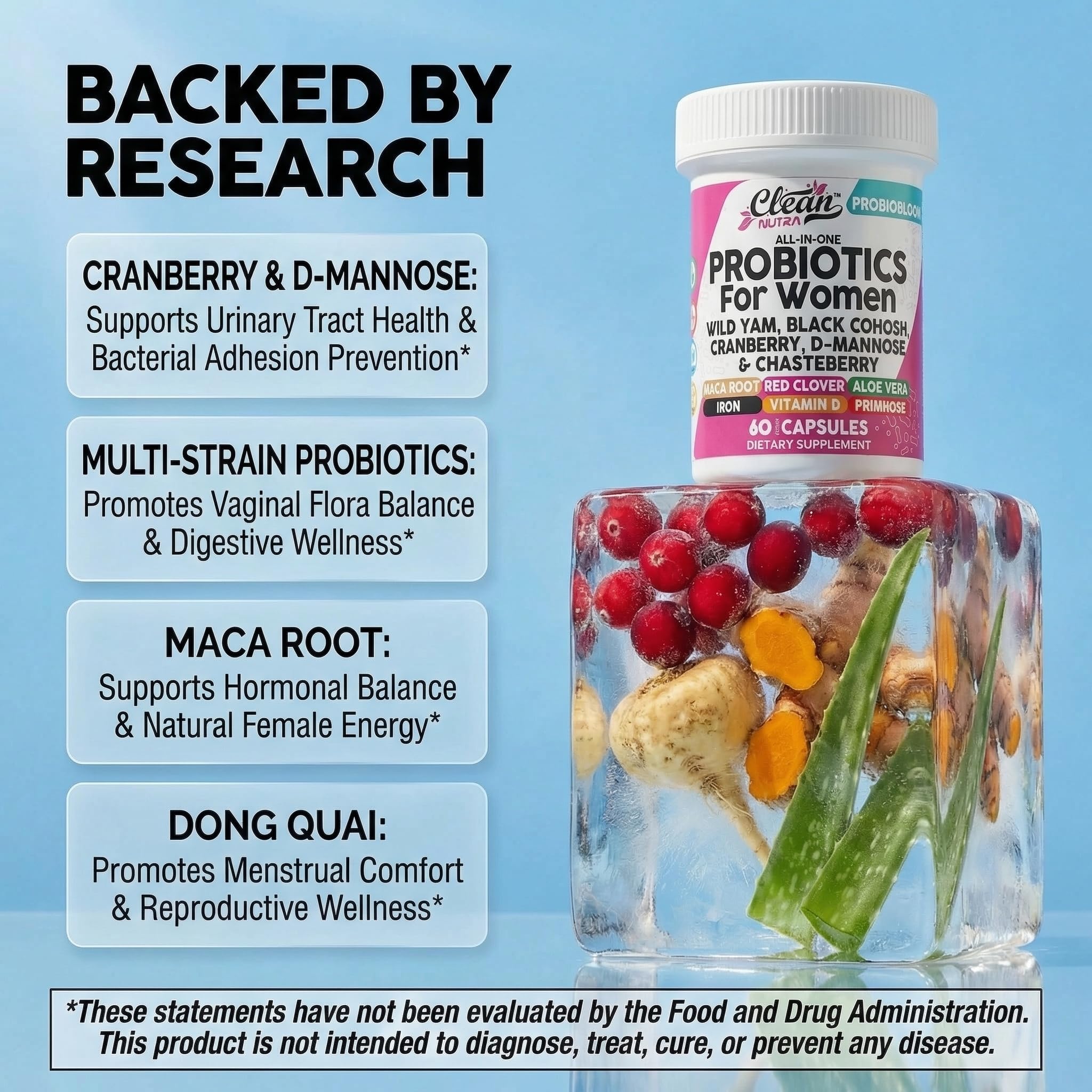 Clean Nutraceuticals Probiotics for Women with D Mannose, Cranberry Extract, Wild Yam, Chasteberry - 20 Probiotic and Prebiotic Strains - PH Balance, Womens Probiotic for Digestive Health - 60 Count Clean Nutraceuticals buy supplements canada