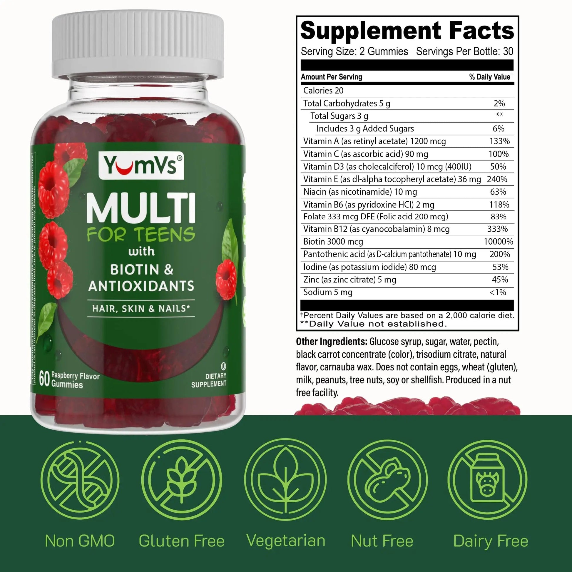 YumVs Teen Multivitamin Gummies with Biotin and Antioxidants - Raspberry Flavor - Hair Skin Nails Support - Kosher Teenager Vitamins YUM-V'S buy supplements canada