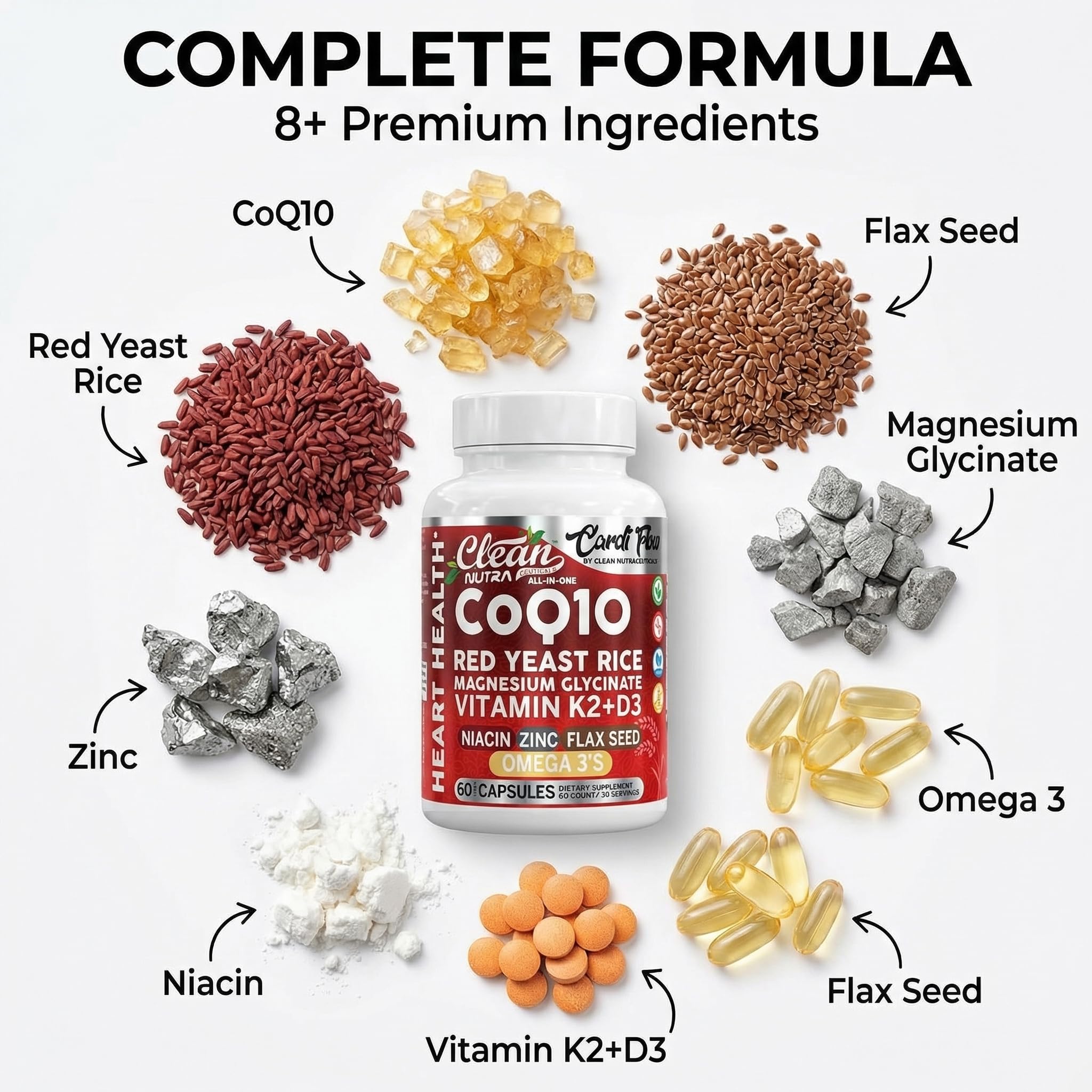 Clean Nutra CoQ10 Red Yeast Rice Magnesium Glycinate Vitamin K2 D3 Niacin Zinc Flax Seed Omega 3 Capsules 60 Count All in One Formula Premium Ingredients Dietary Supplement Clean Nutraceuticals buy supplements canada