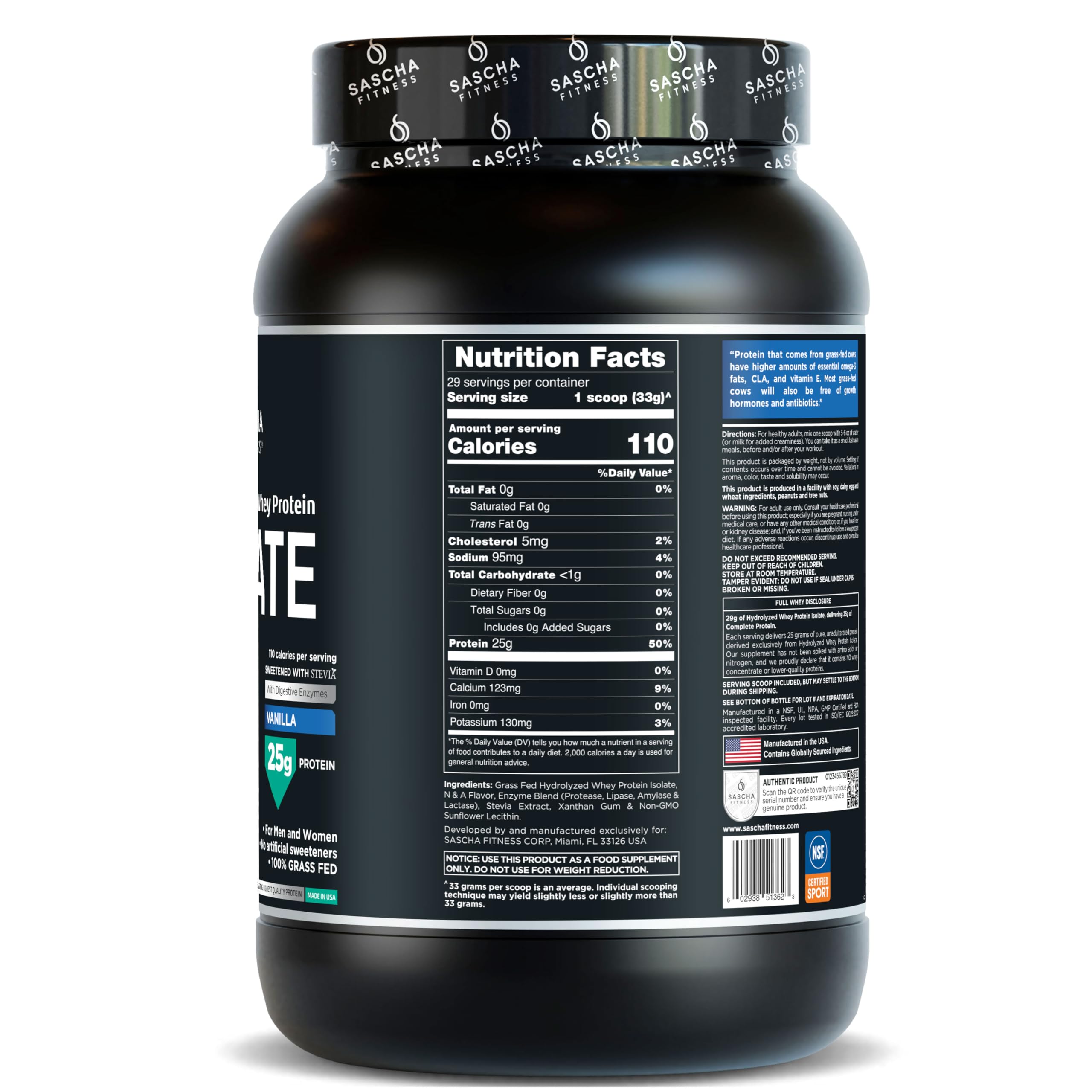 SASCHA FITNESS Hydrolyzed Whey Protein Isolate,100% Grass-Fed (2 Pounds, Vanilla) SASCHA FITNESS buy supplements canada
