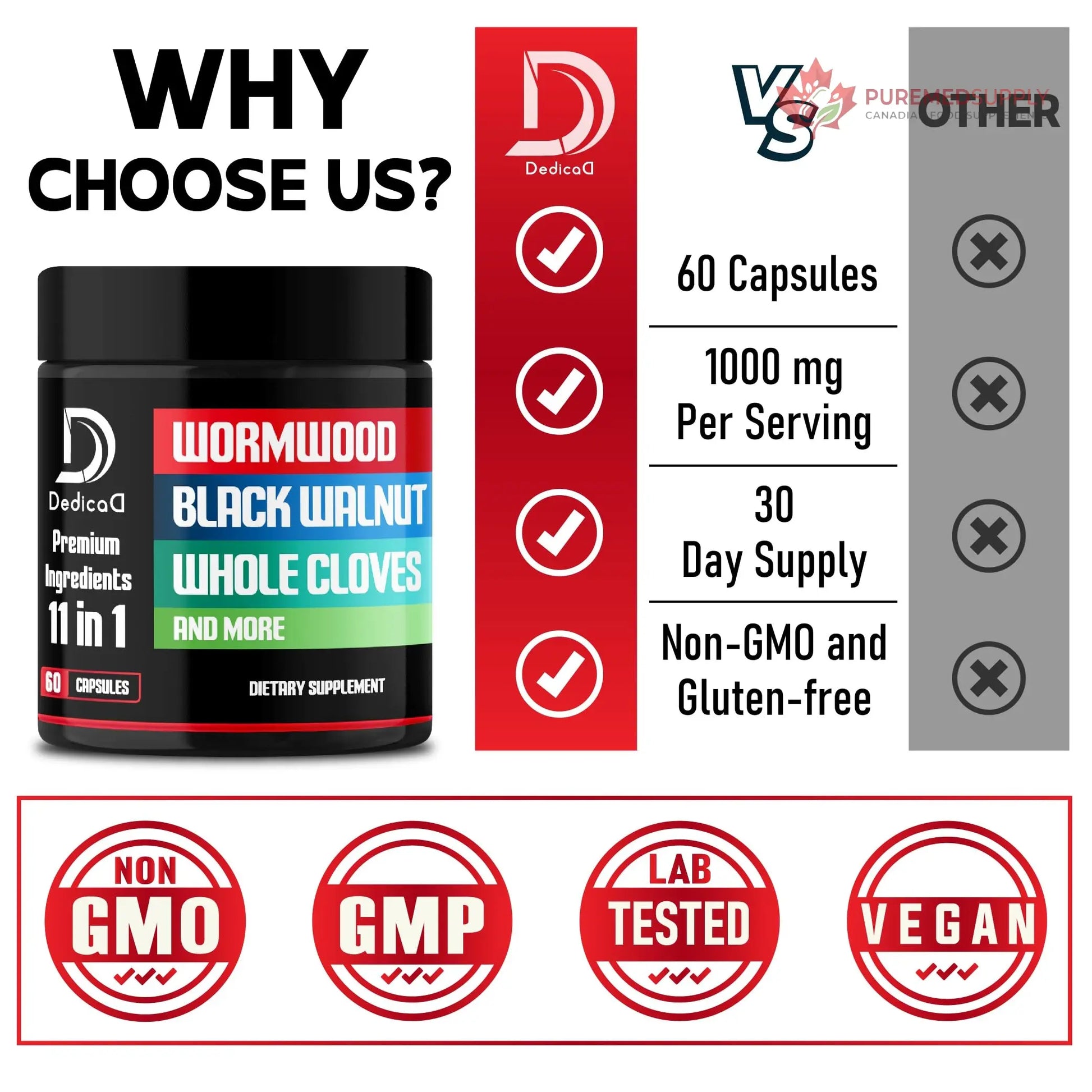 DEDICAD Wormwood Capsules Supplement - Extracted from Black Walnut, Cloves, Turmeric, Apple, Berberine HCl & More - 11 Ingredients Combined for Immune System, Body Management - 60 Capsules DEDICAD buy supplements canada