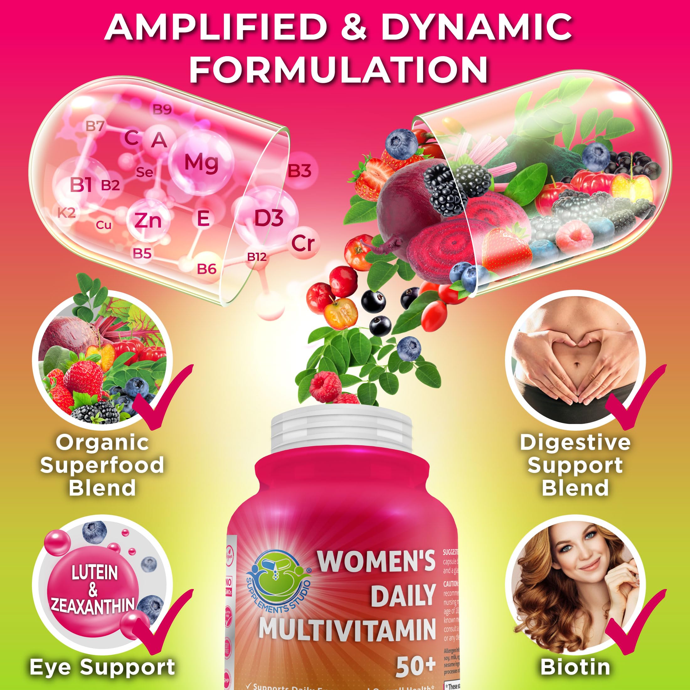 Women's Daily Multivitamin 50 Plus - Vegan Methylated Multivitamin for Women 50 and Over with Biotin, Organic Superfoods & Lutein SUPPLEMENTS STUDIO buy supplements canada