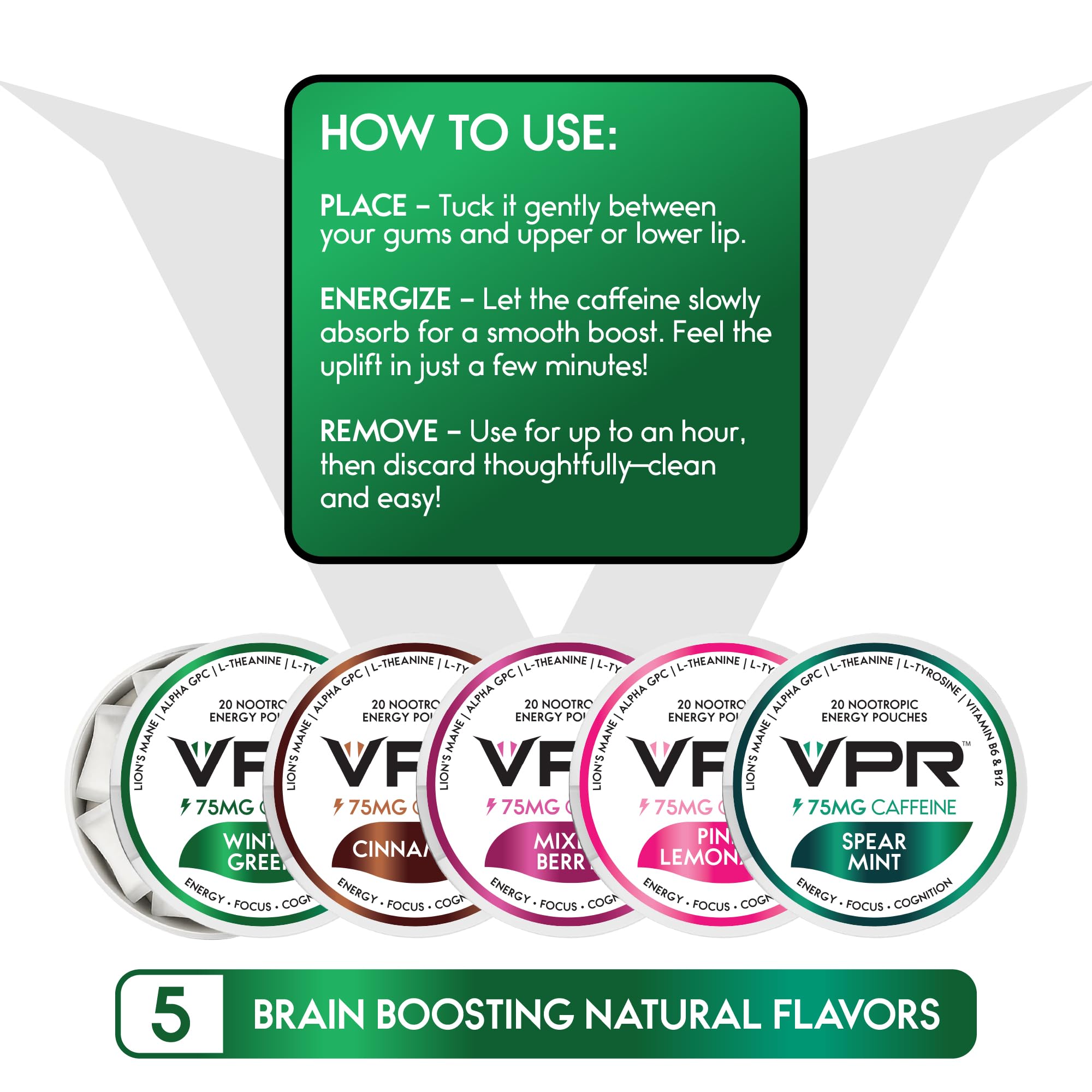 VPR 75MG Caffeine Nootropic Pouches | 20 Count Energy Pouches with Lion's Mane, Alpha-GPC, Vitamin B6 & B12, L-Theanine, and L-Tyrosine | Naturally Flavored Focus Pouches with No Sugar (Variety Pack) VPR Energy buy supplements canada