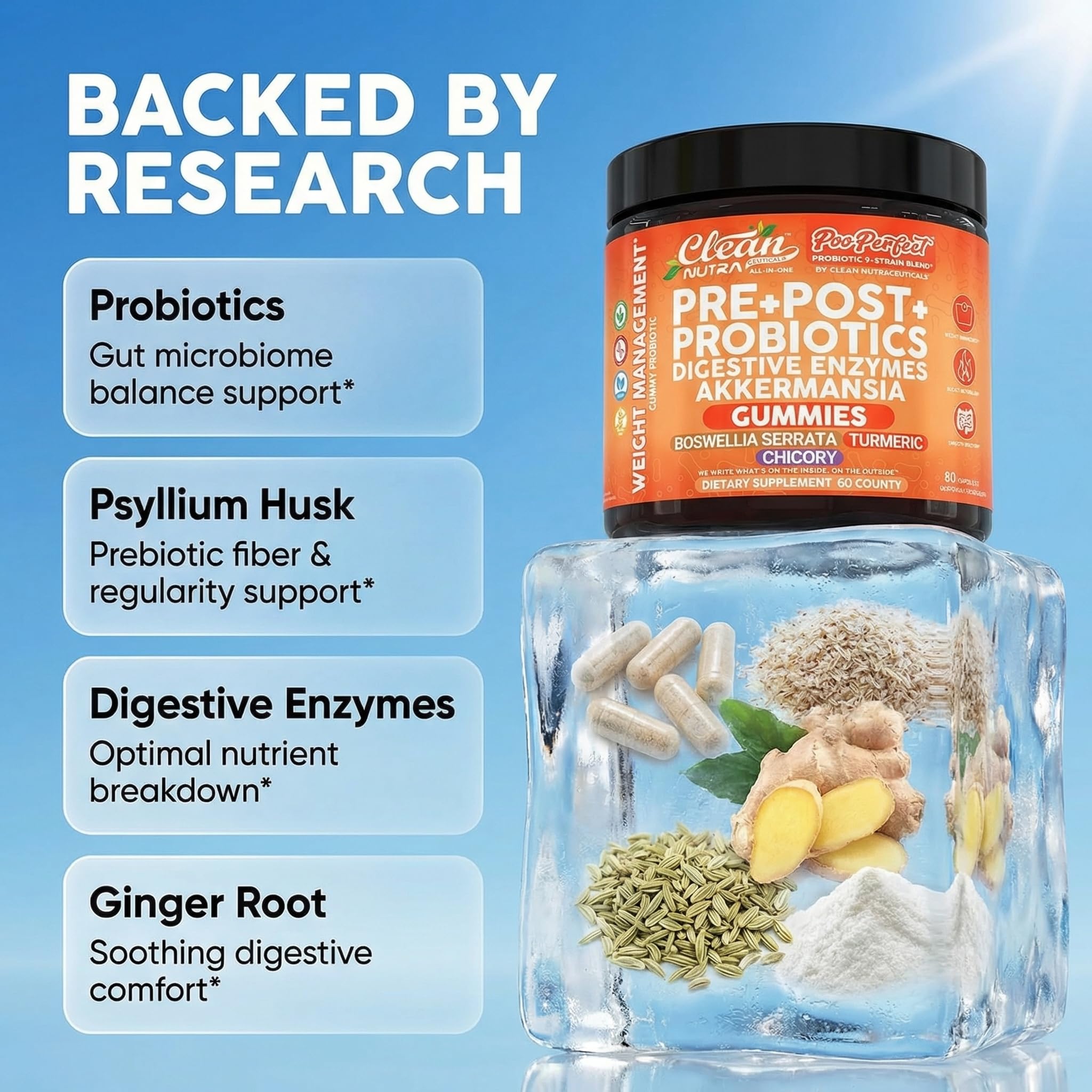 Clean Nutra Prebiotic Postbiotic Digestive Enzymes Gummies with Chicory Root, Boswellia Serrata, Turmeric, and Akkermansia | Pre+Post Probiotics Supplement Clean Nutraceuticals buy supplements canada