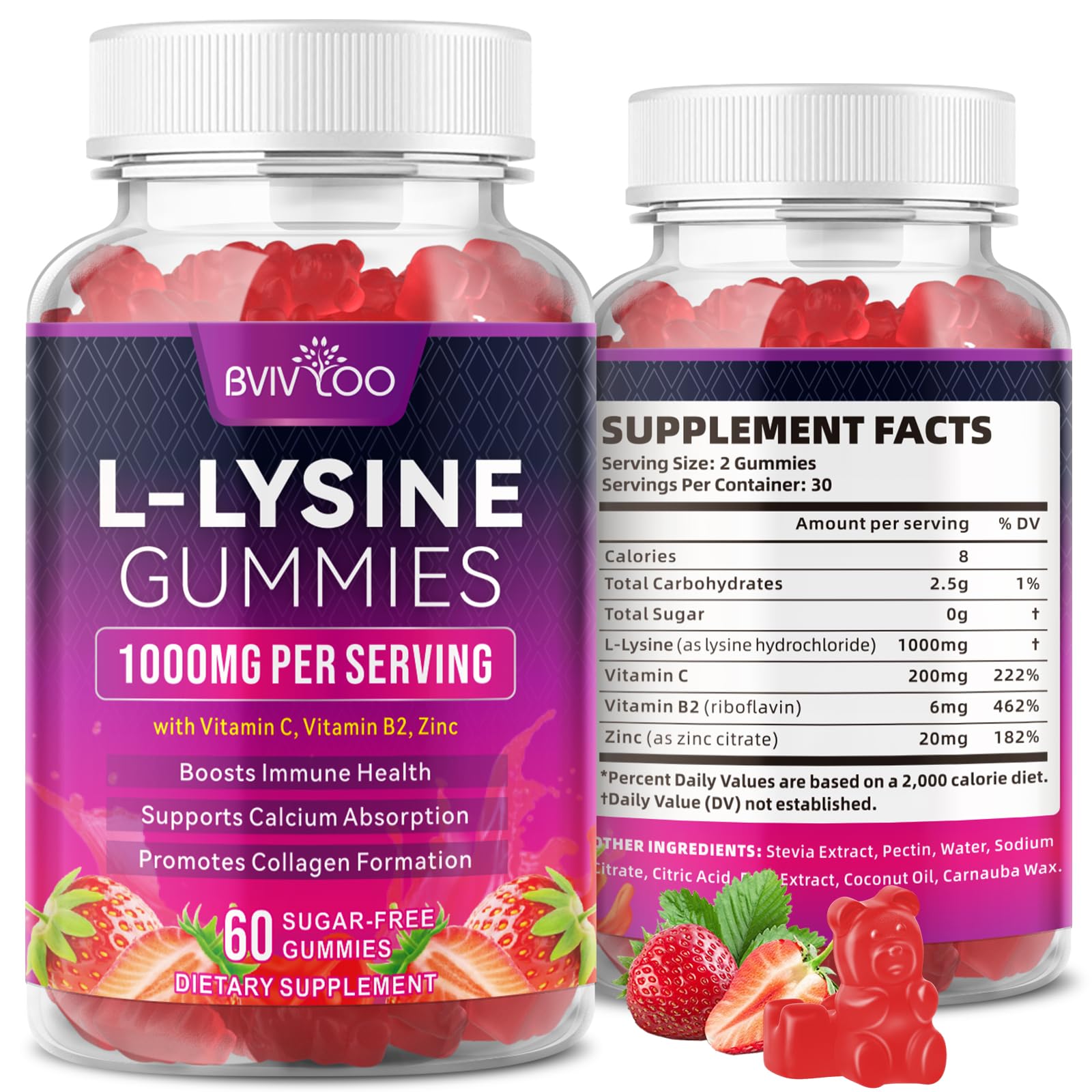 BVIVLOO L-Lysine 1000mg Gummies for Immune Support & Skin Health - High Potency Vegan Gummies, Sugar-Free, Natural Berry Flavor, Gluten-Free Chewable Supplement BVIVLOO buy supplements canada