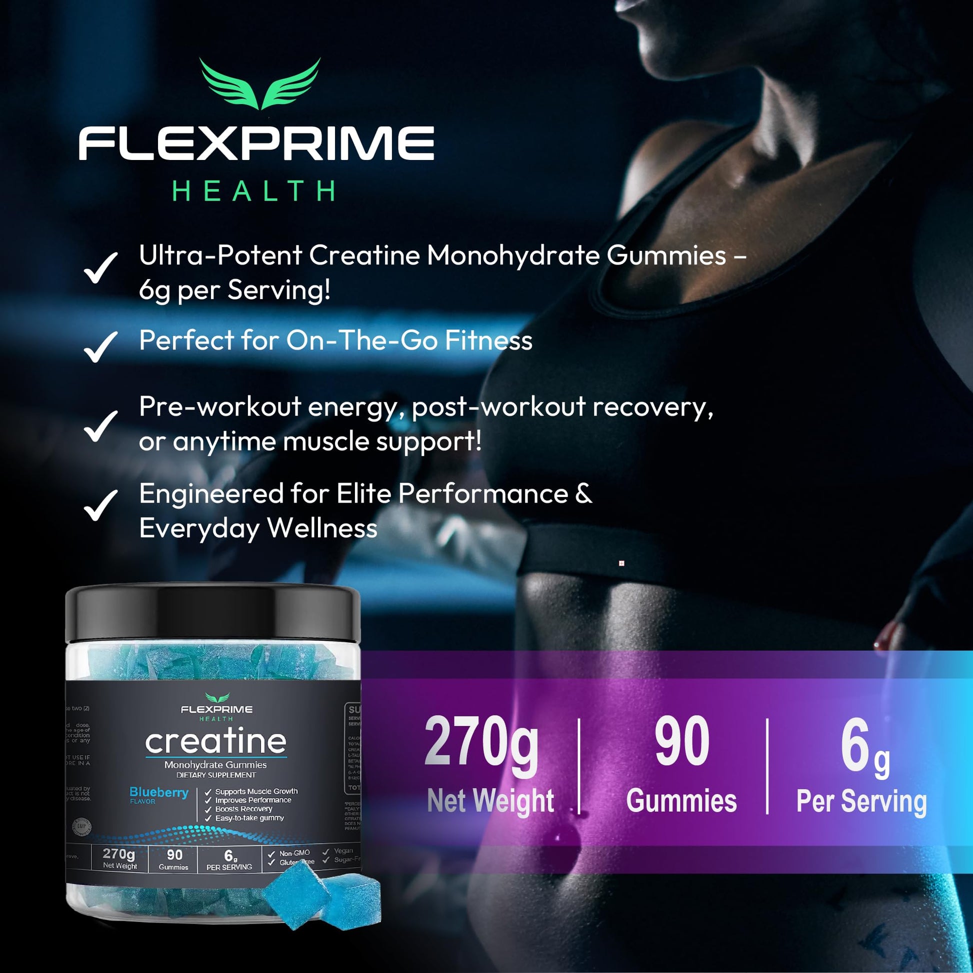 FlexPrime Creatine Gummies Sugar Free - 6g Creatine Monohydrate + L-Taurine, Alpha GPC, Betaine | Vegan Halal Blueberry Chews for Lean Muscle, Strength, Brain Health | Men Women 90 Count FlexPrime buy supplements canada